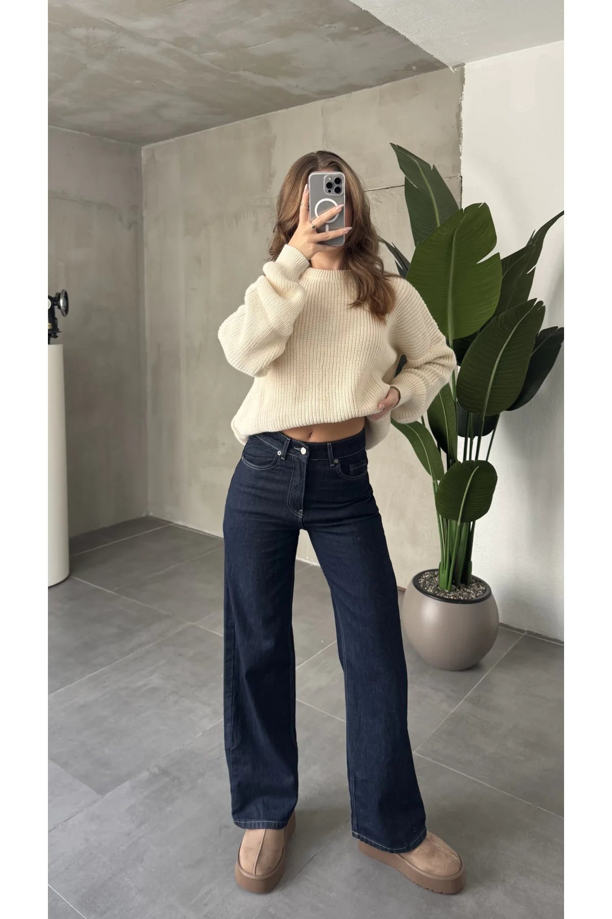 Sade Mavi Rins Yıkamalı Baggy Geniş Paça Yüksek Bel Wide Leg Jean Kot Pantolon