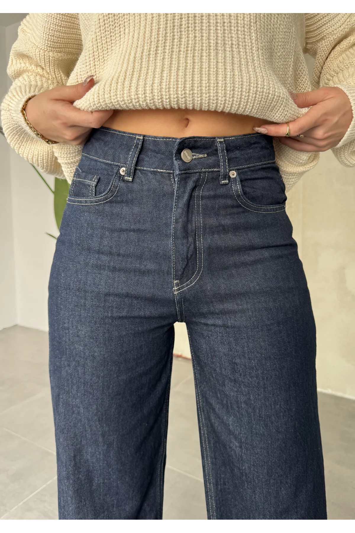 Sade Mavi Rins Yıkamalı Baggy Geniş Paça Yüksek Bel Wide Leg Jean Kot Pantolon