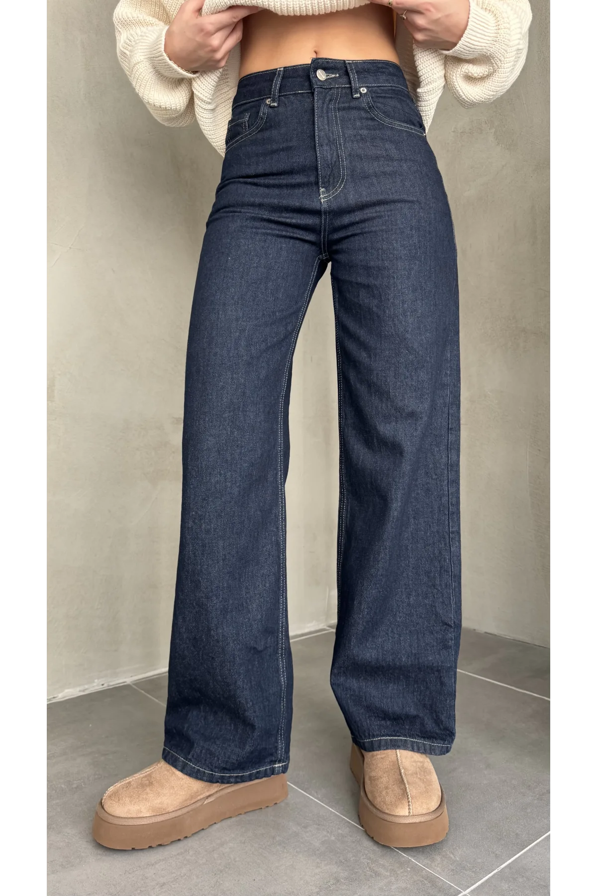 Sade Mavi Rins Yıkamalı Baggy Geniş Paça Yüksek Bel Wide Leg Jean Kot Pantolon