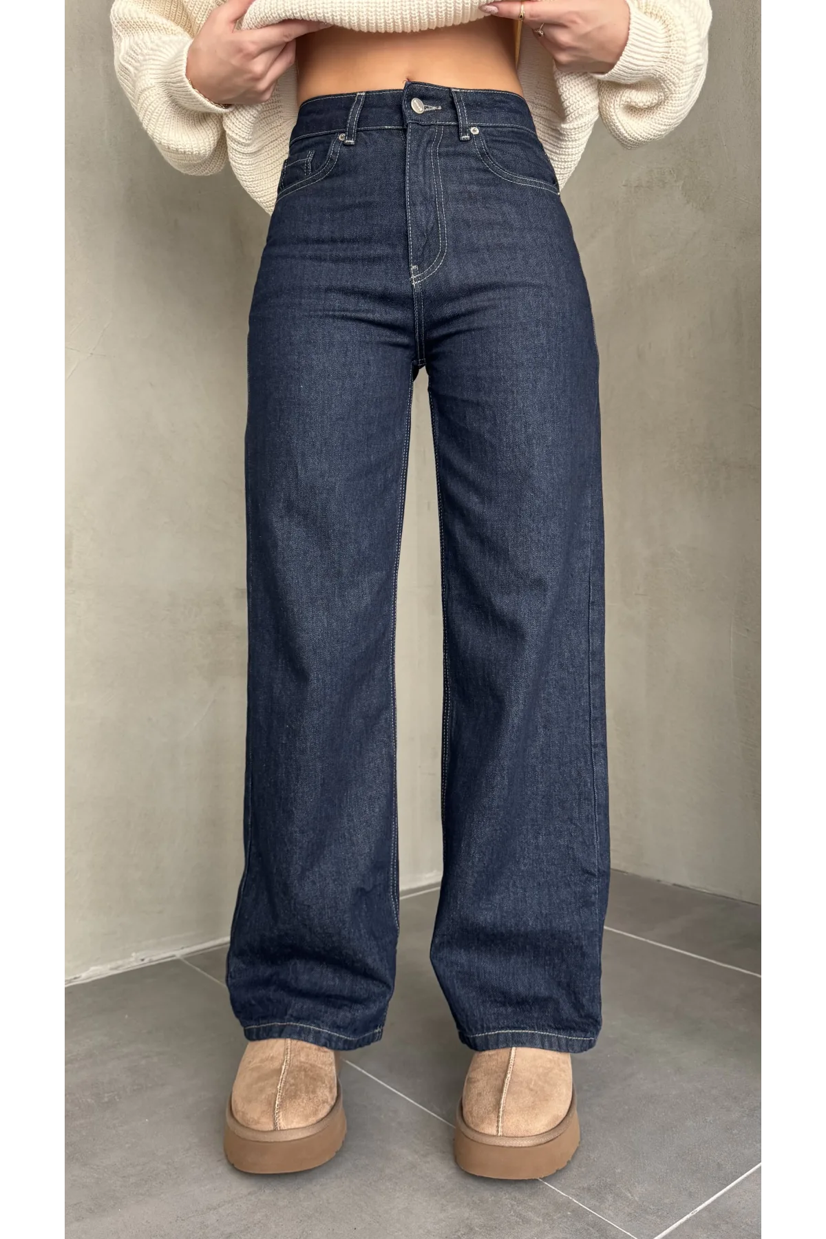 Sade Mavi Rins Yıkamalı Baggy Geniş Paça Yüksek Bel Wide Leg Jean Kot Pantolon