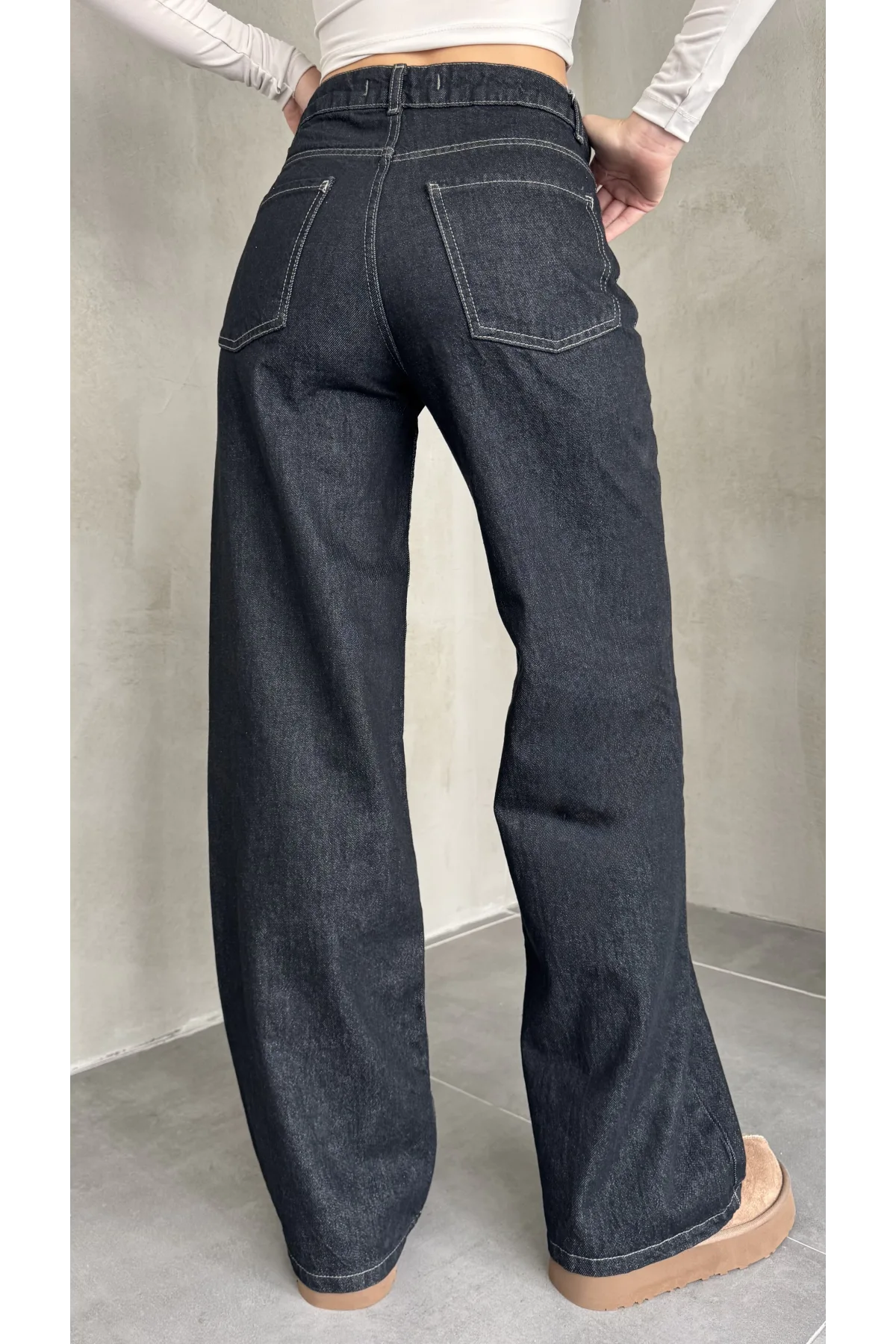 Sade Siyah Rins Yıkamalı Baggy Geniş Paça Yüksek Bel Wide Leg Jean Kot Pantolon