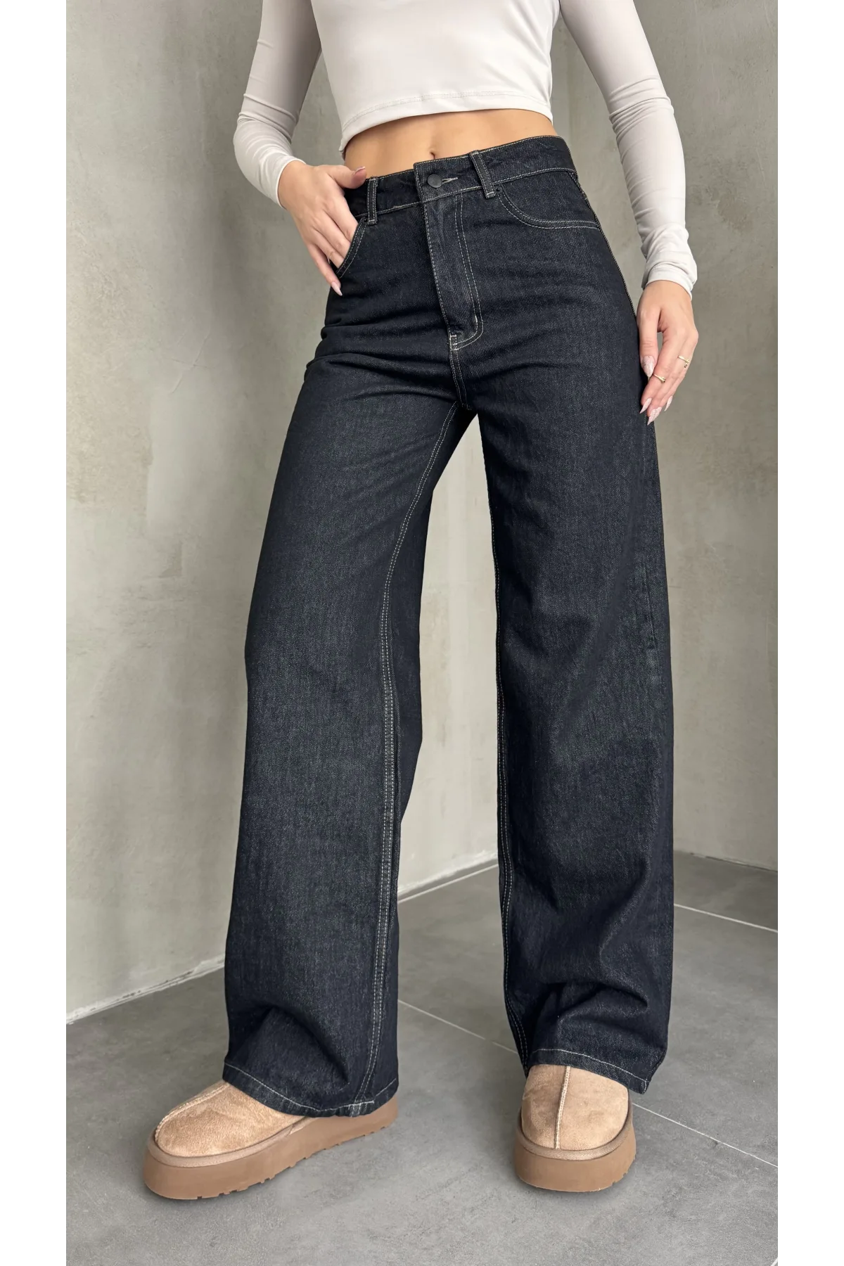 Sade Siyah Rins Yıkamalı Baggy Geniş Paça Yüksek Bel Wide Leg Jean Kot Pantolon