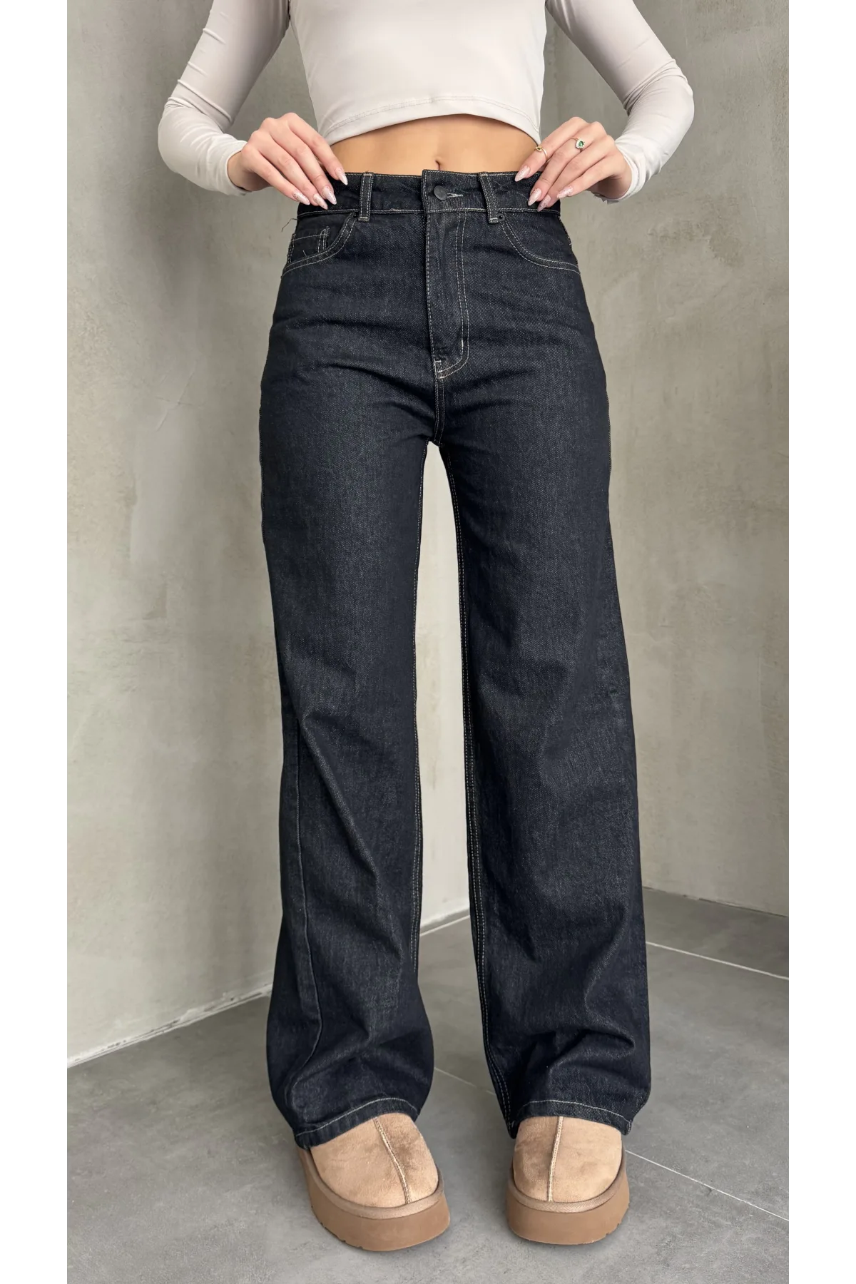 Sade Siyah Rins Yıkamalı Baggy Geniş Paça Yüksek Bel Wide Leg Jean Kot Pantolon