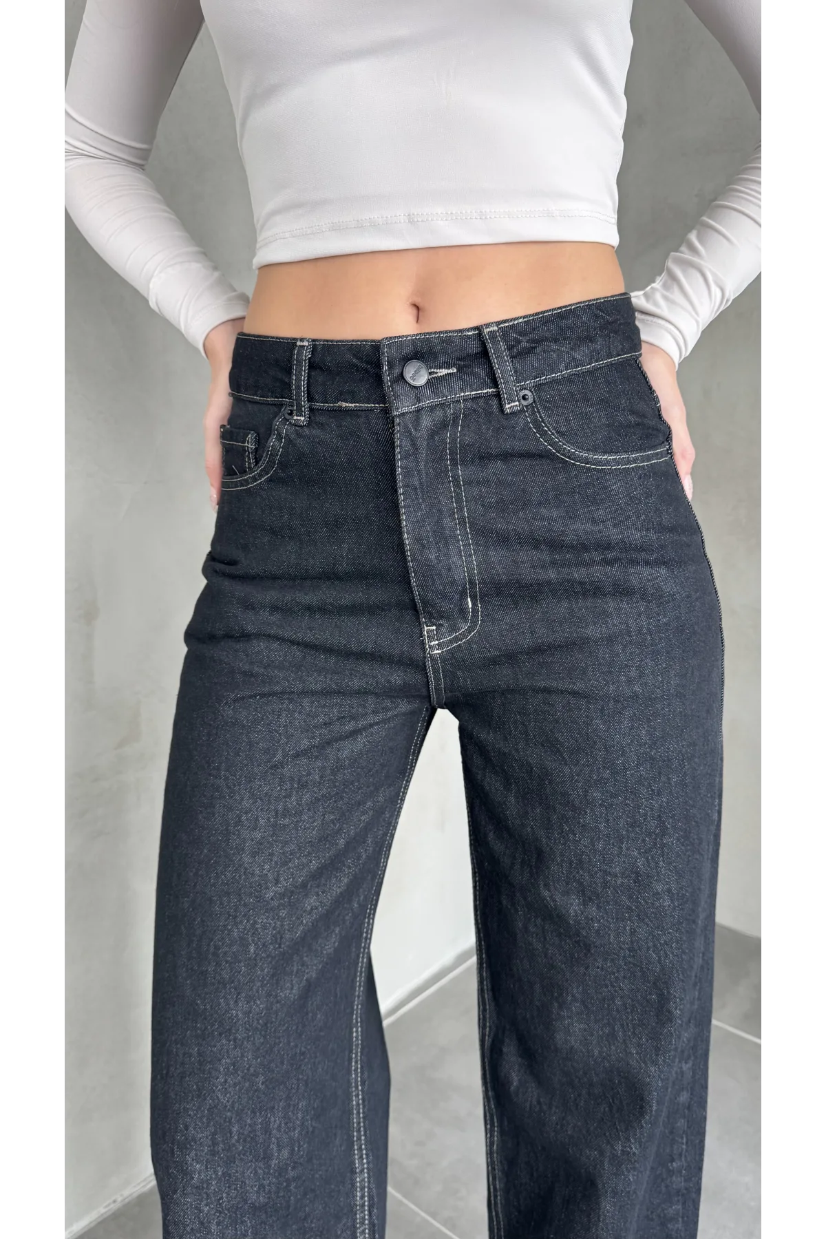 Sade Siyah Rins Yıkamalı Baggy Geniş Paça Yüksek Bel Wide Leg Jean Kot Pantolon
