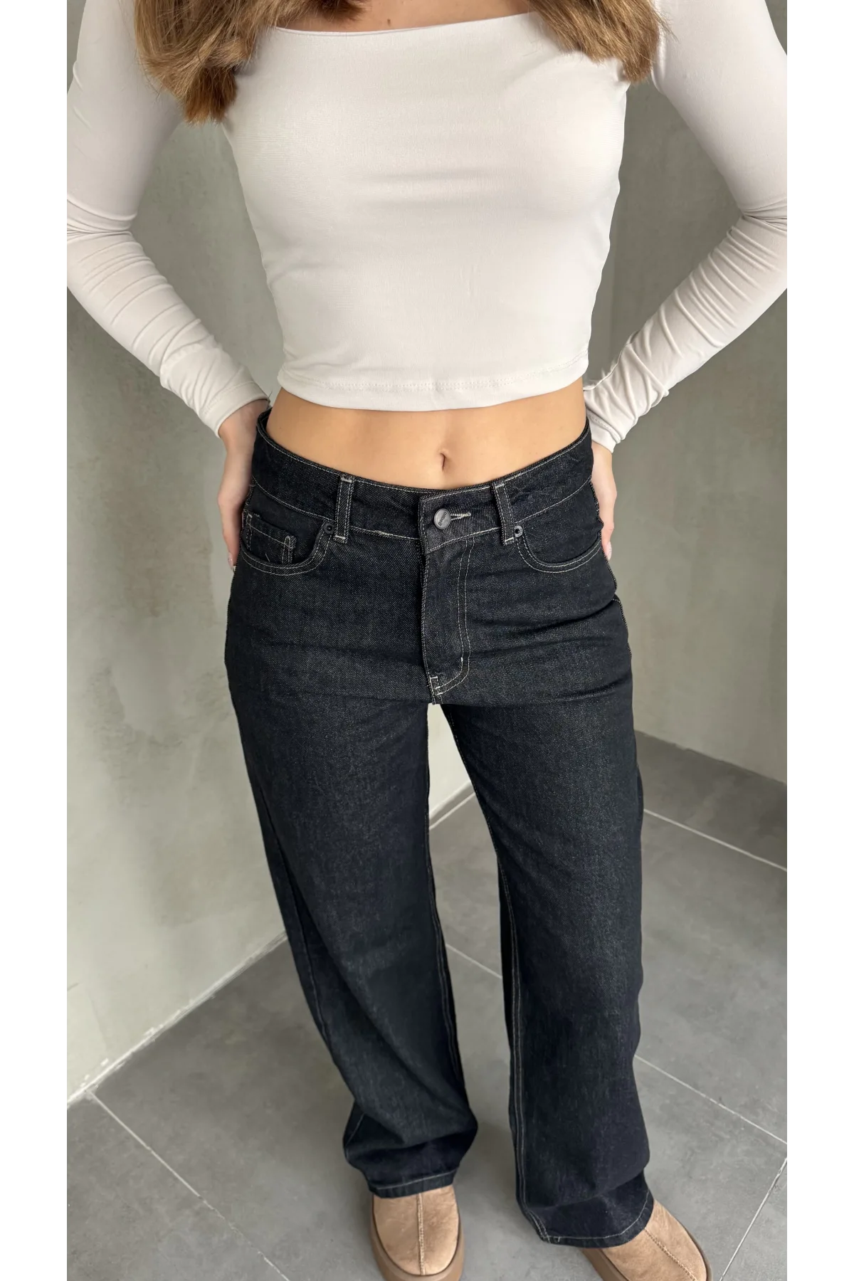 Sade Siyah Rins Yıkamalı Baggy Geniş Paça Yüksek Bel Wide Leg Jean Kot Pantolon