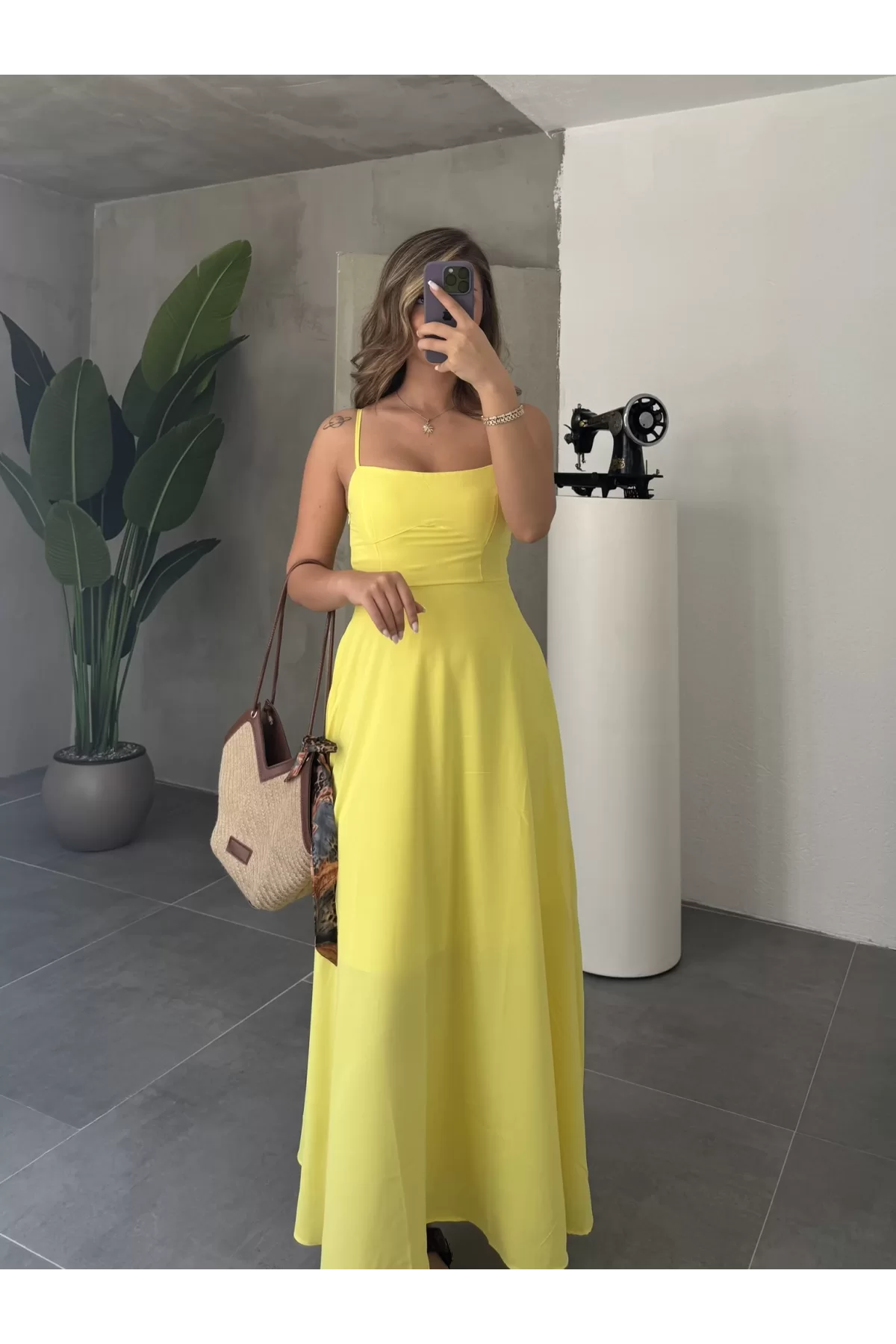 Sarı İp Askılı Gipeli Jessica Astarlı Maxi Elbise