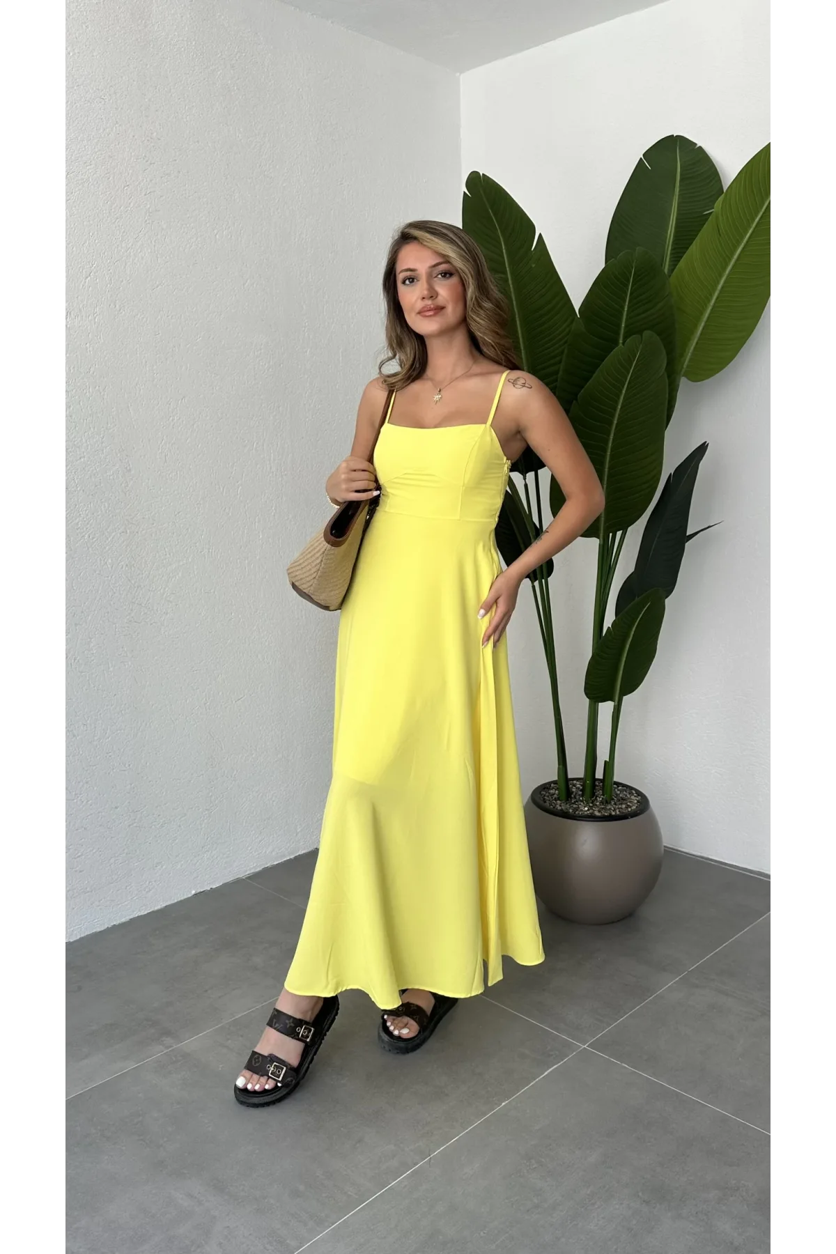 Sarı İp Askılı Gipeli Jessica Astarlı Maxi Elbise