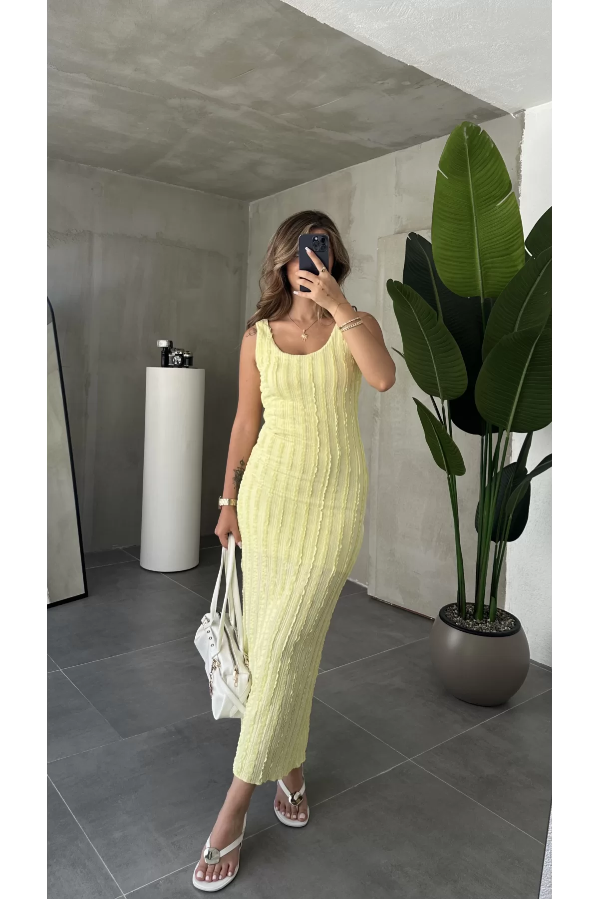 Sarı Askılı Kolsuz Maxi Boy Astarlı Elbise