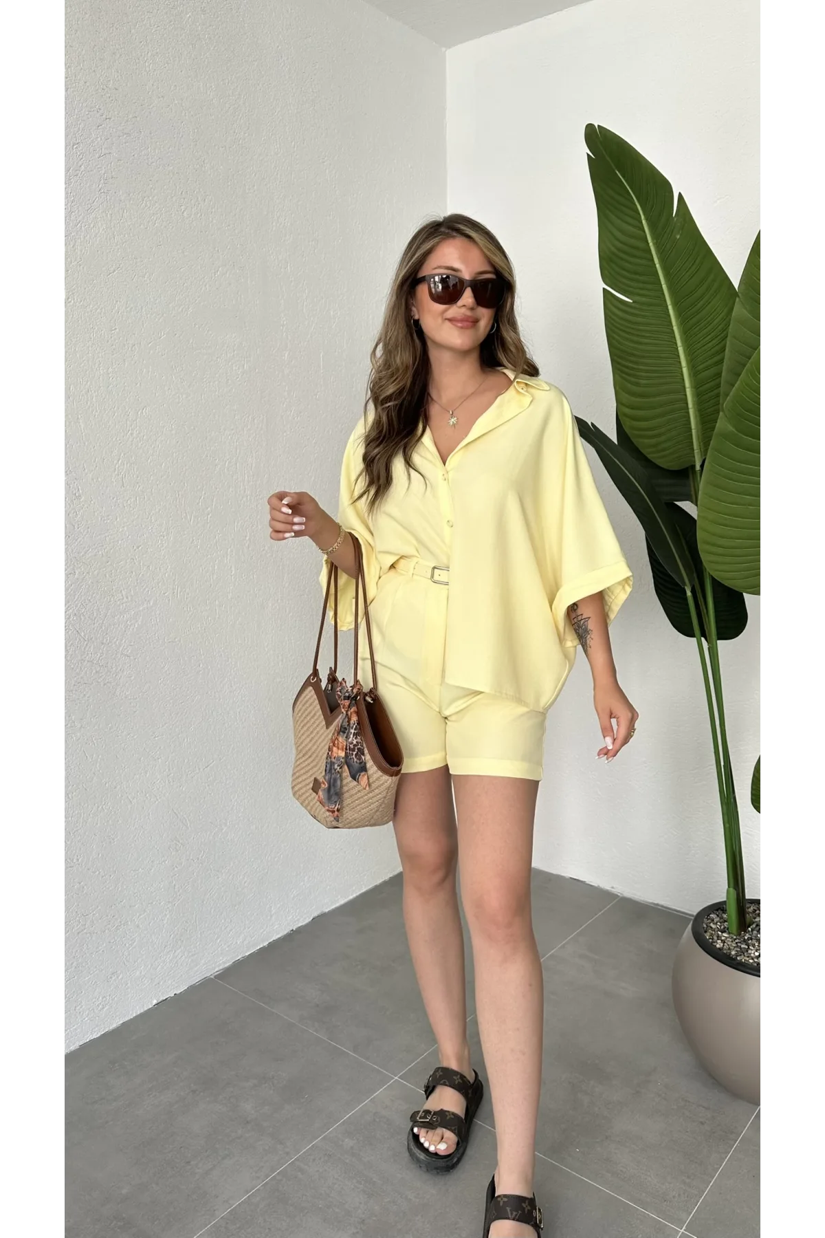 Sarı Oversize Keten Şort & Gömlek İkili Takım