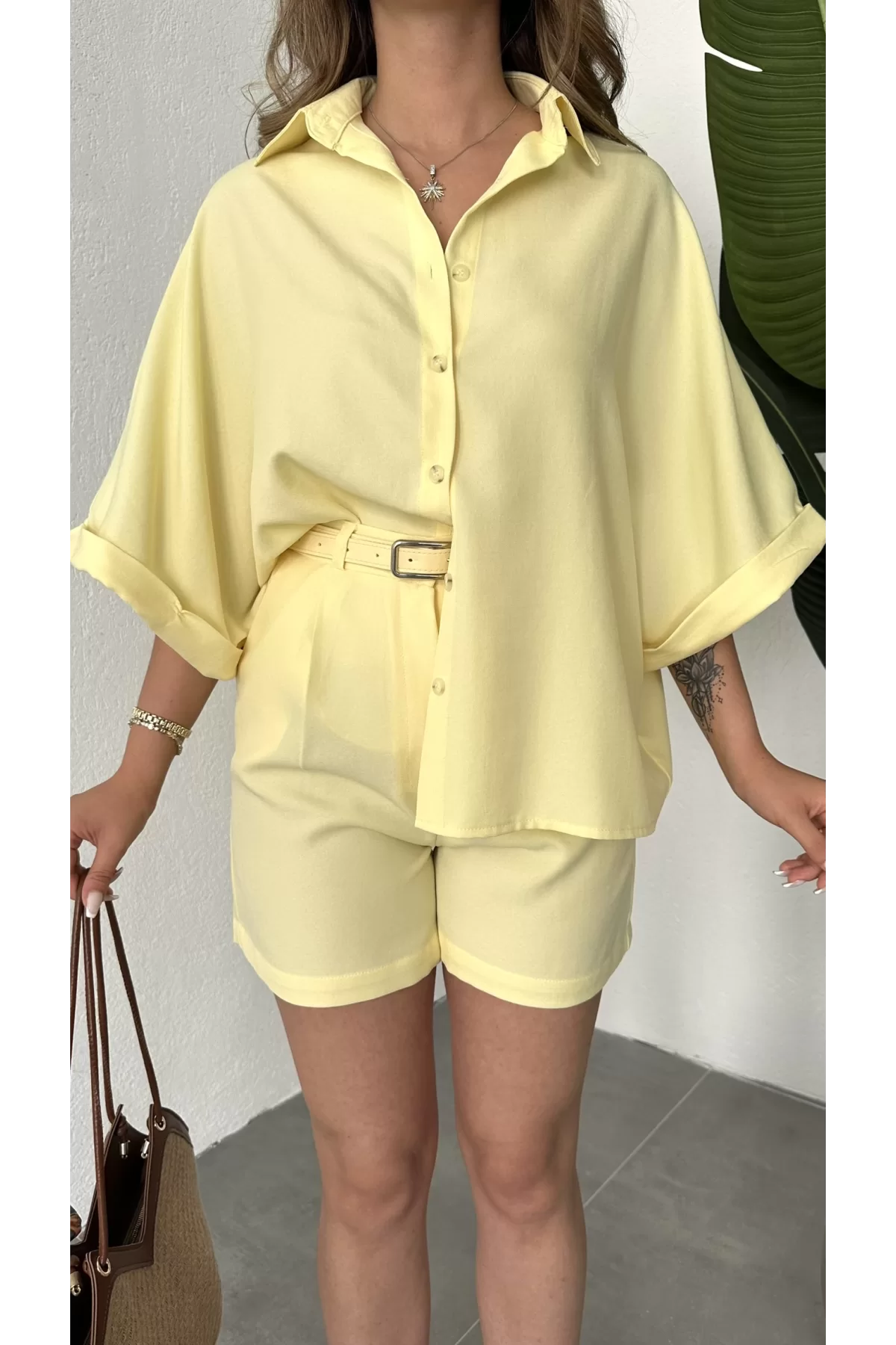 Sarı Oversize Keten Şort & Gömlek İkili Takım