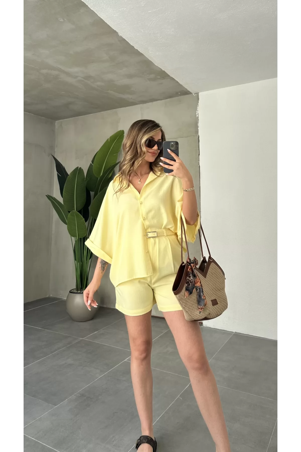 Sarı Oversize Keten Şort & Gömlek İkili Takım