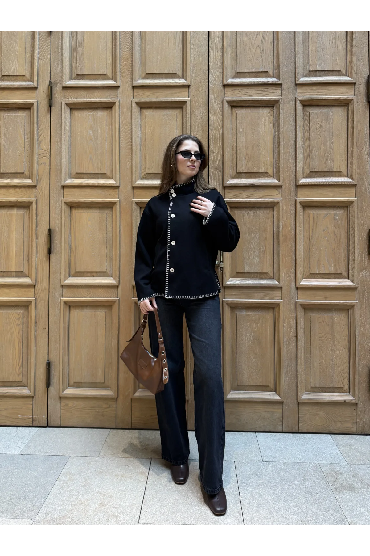 Siyah Çoban Dikişli Kaşe Düğmeli Kaşe Hırka