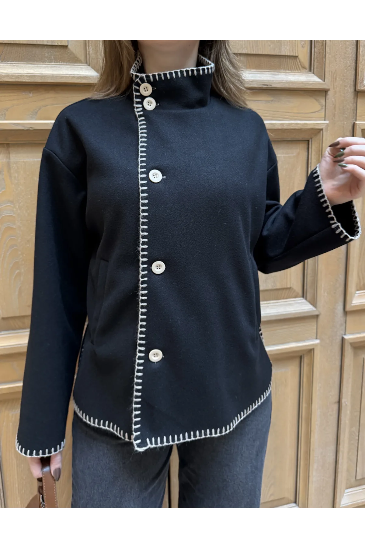 Siyah Çoban Dikişli Kaşe Düğmeli Kaşe Hırka