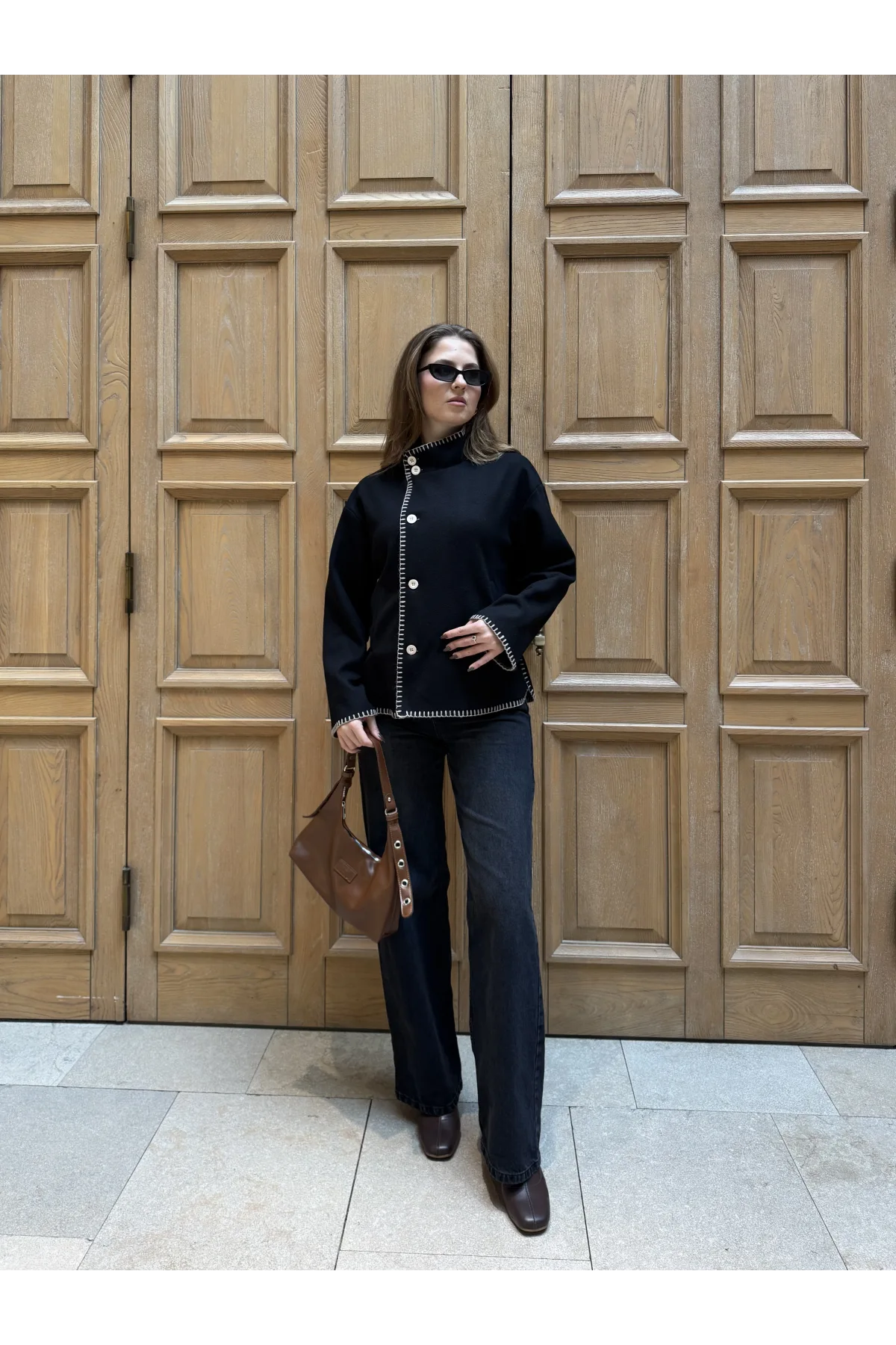 Siyah Çoban Dikişli Kaşe Düğmeli Kaşe Hırka