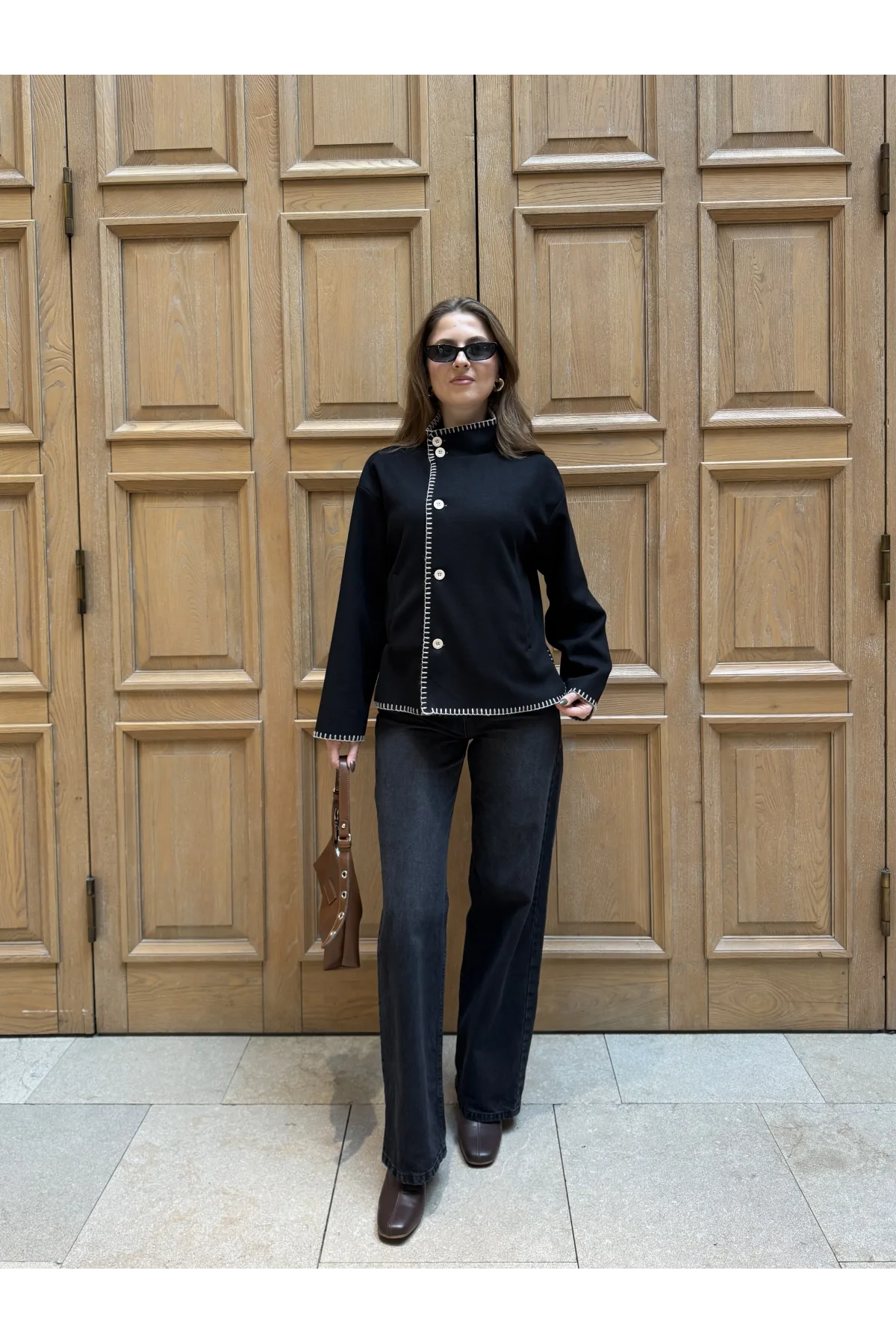 Siyah Çoban Dikişli Kaşe Düğmeli Kaşe Hırka