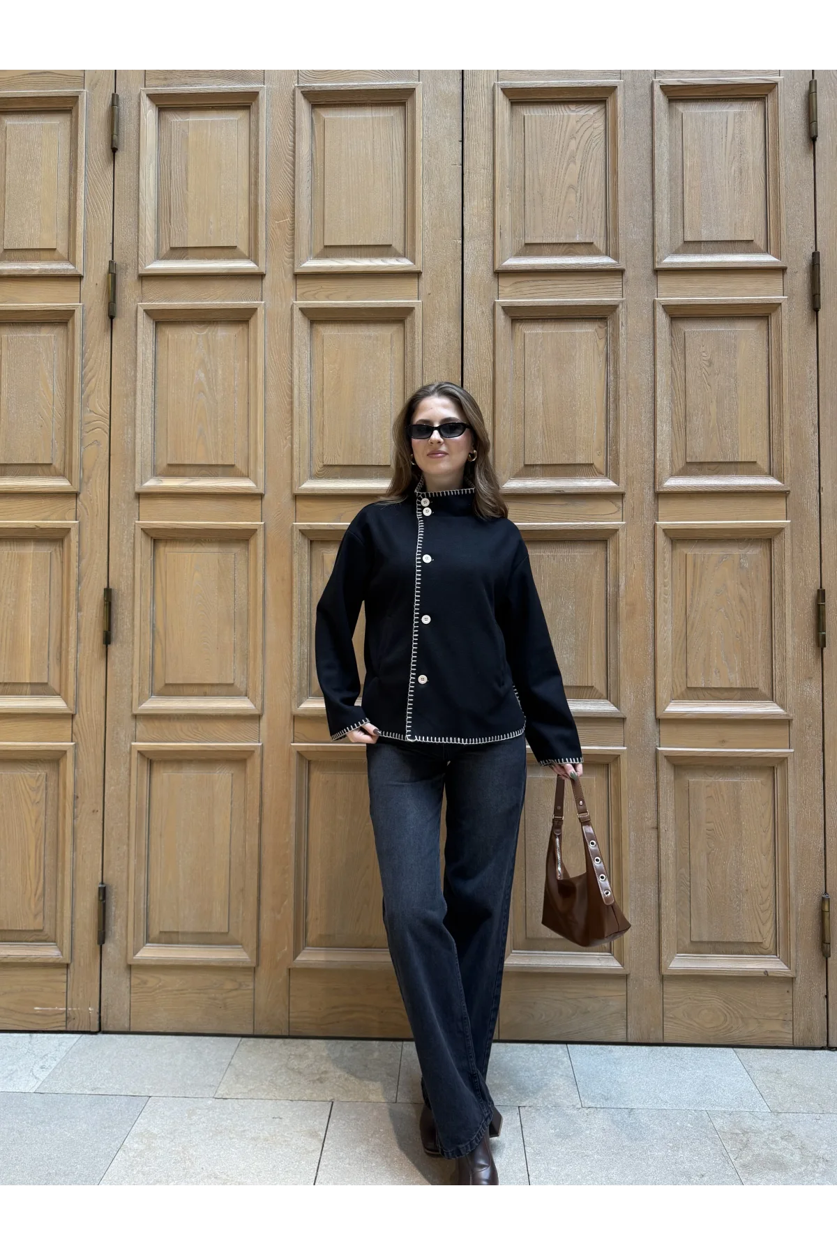 Siyah Çoban Dikişli Kaşe Düğmeli Kaşe Hırka