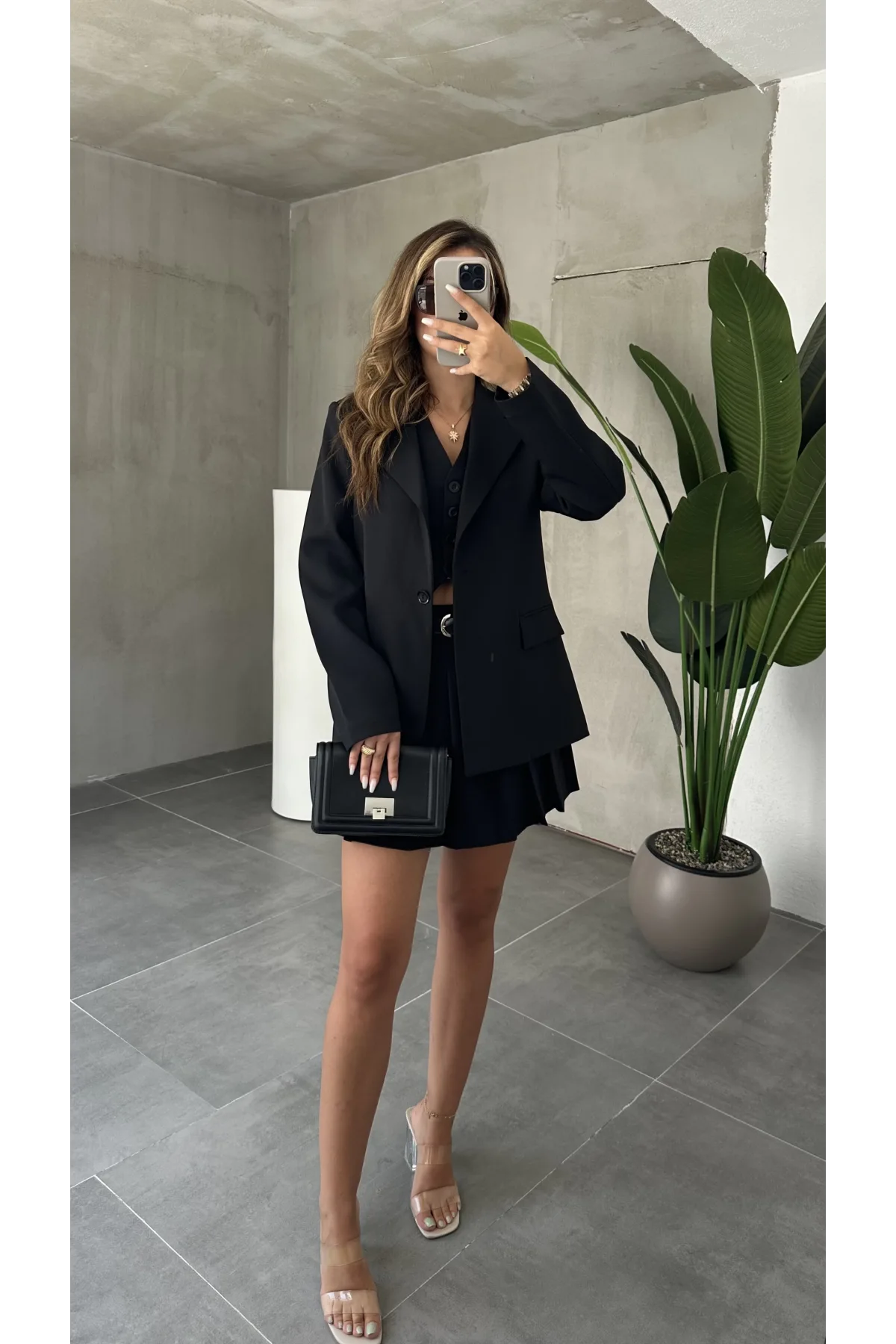Siyah Double Yelek-Etek & Blazer Ceket Üçlü Set Takım