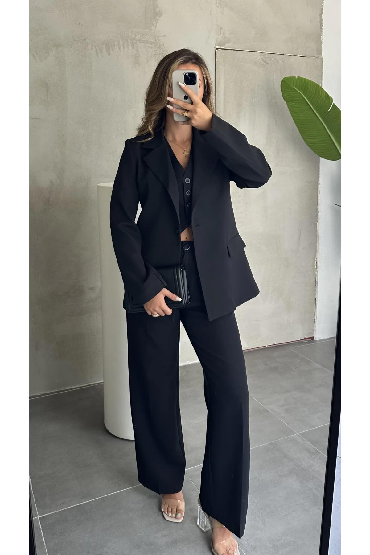 Siyah Double Yelek-Pantolon-Blazer Ceket 3lü Set Takım