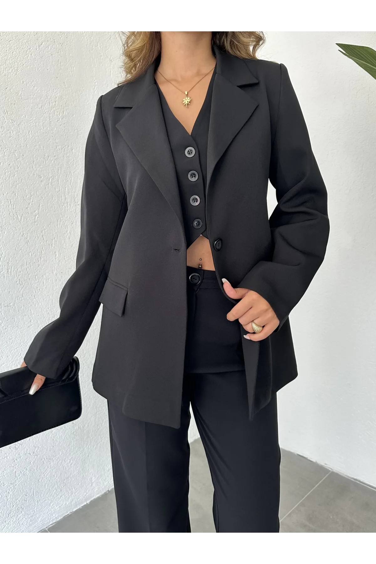 Siyah Double Yelek-Pantolon-Blazer Ceket 3lü Set Takım