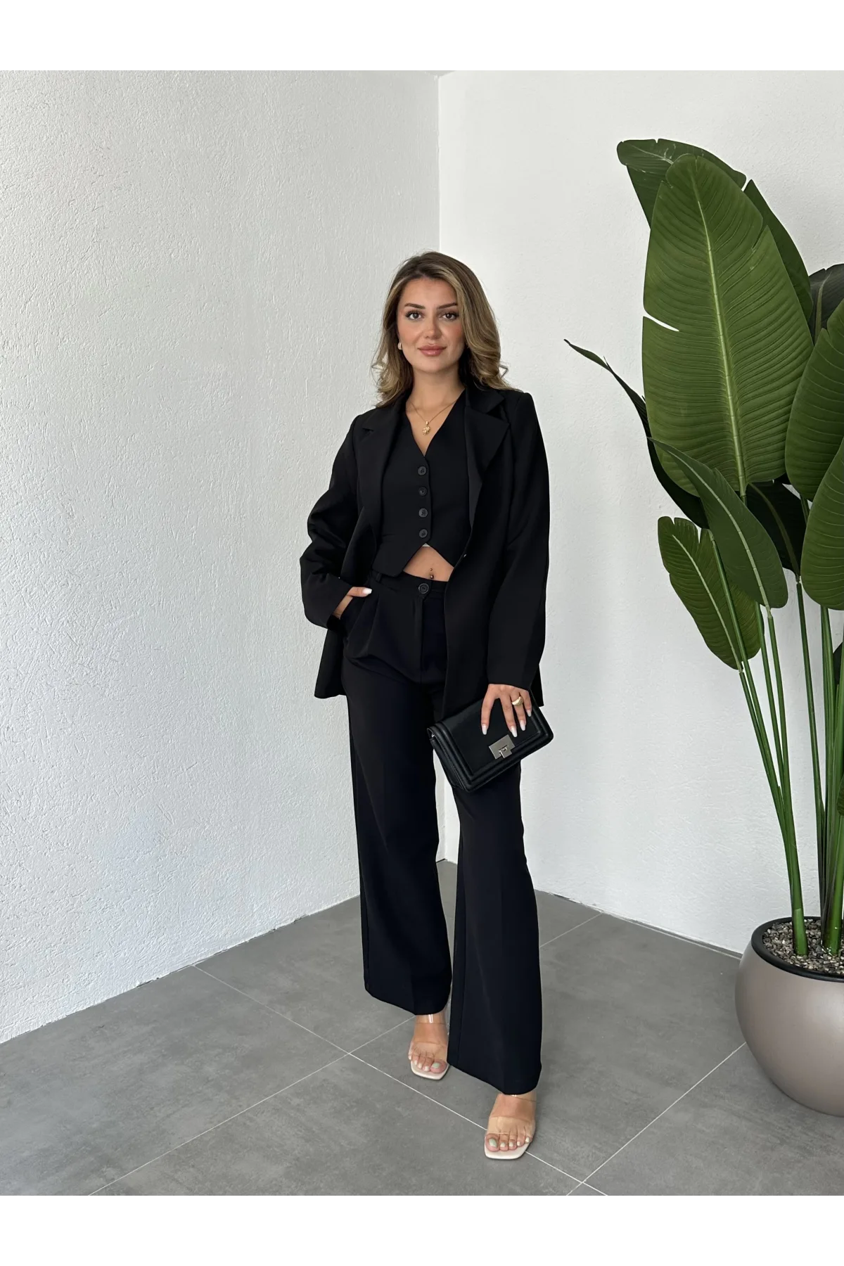 Siyah Double Yelek-Pantolon-Blazer Ceket 3lü Set Takım