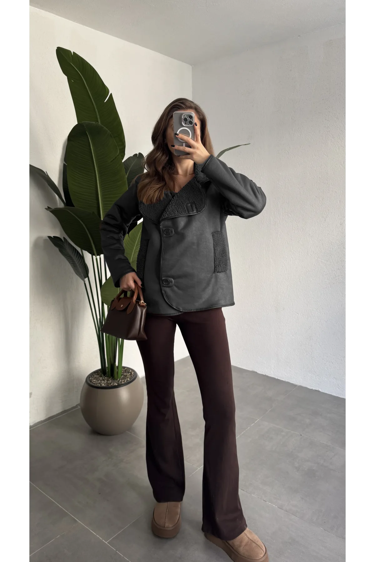 Siyah Düğmeli İçi Yünlü Vintage Oversize Süet Ceket Mont