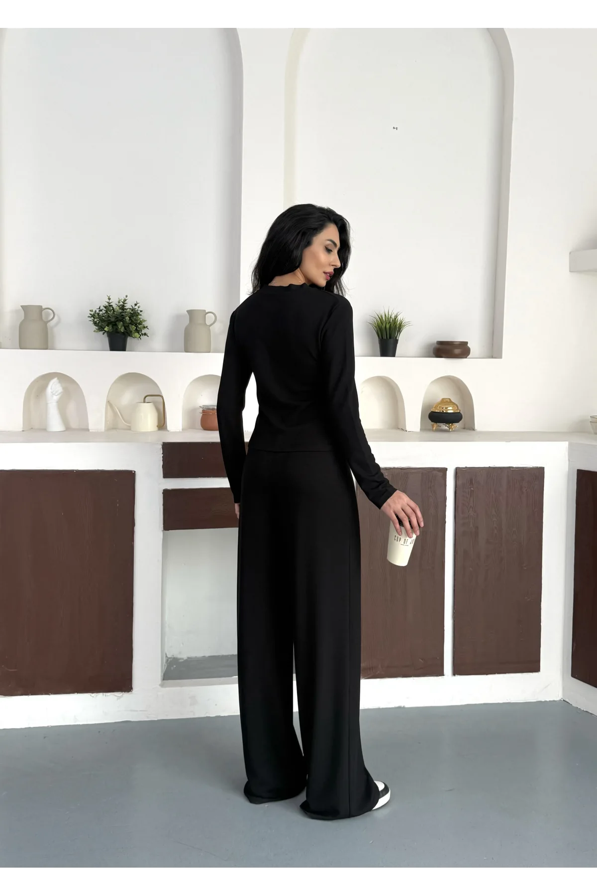 Siyah Gold Düğme Detaylı V Yaka Hırka İspanyol Paça Çimalı Viral Günlük Takım