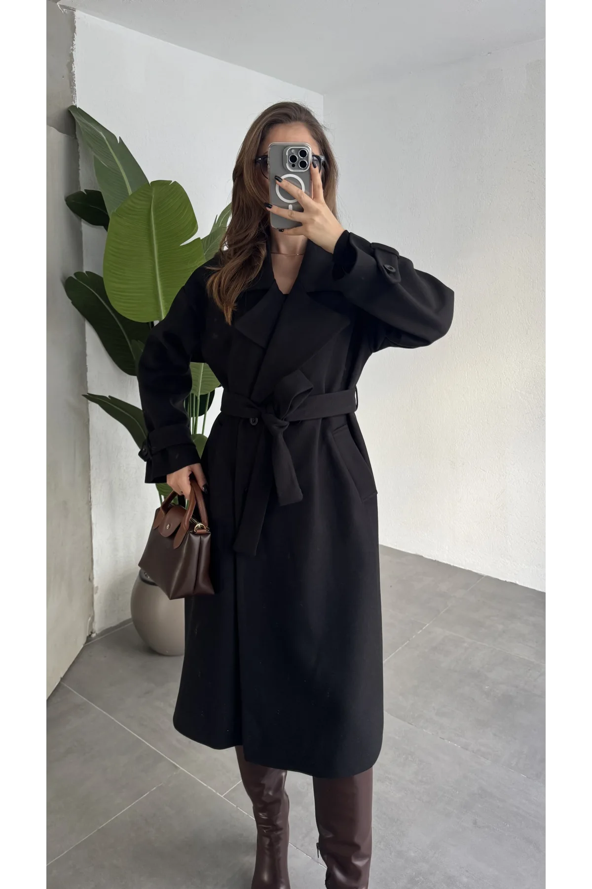 Siyah Kruvaze Oversize Premium Kalite Kuşaklı Tam Boy Uzun Kaşe Mont