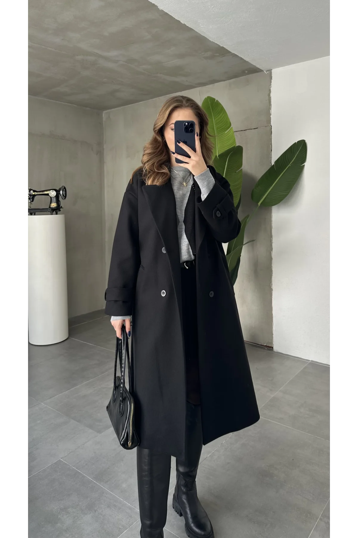 Siyah Kruvaze Oversize Premium Kalite Kuşaklı Tam Boy Uzun Kaşe Mont