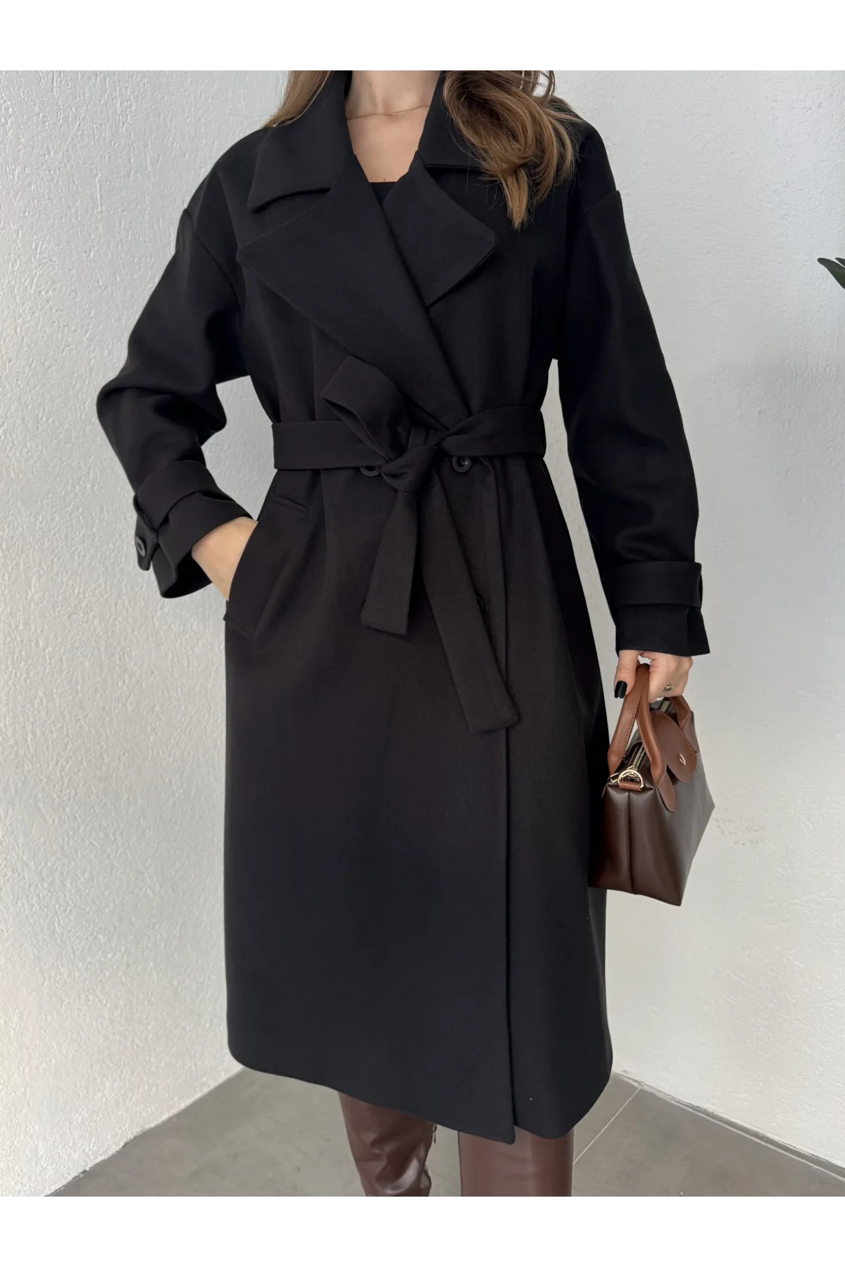 Siyah Kruvaze Oversize Premium Kalite Kuşaklı Tam Boy Uzun Kaşe Mont