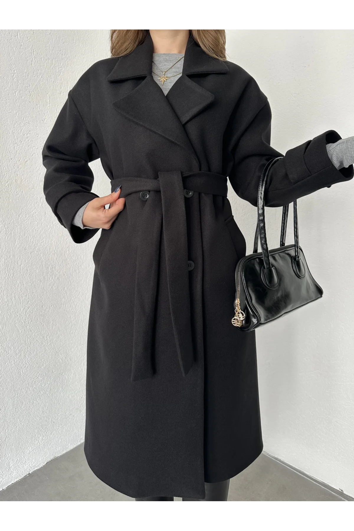 Siyah Kruvaze Oversize Premium Kalite Kuşaklı Tam Boy Uzun Kaşe Mont