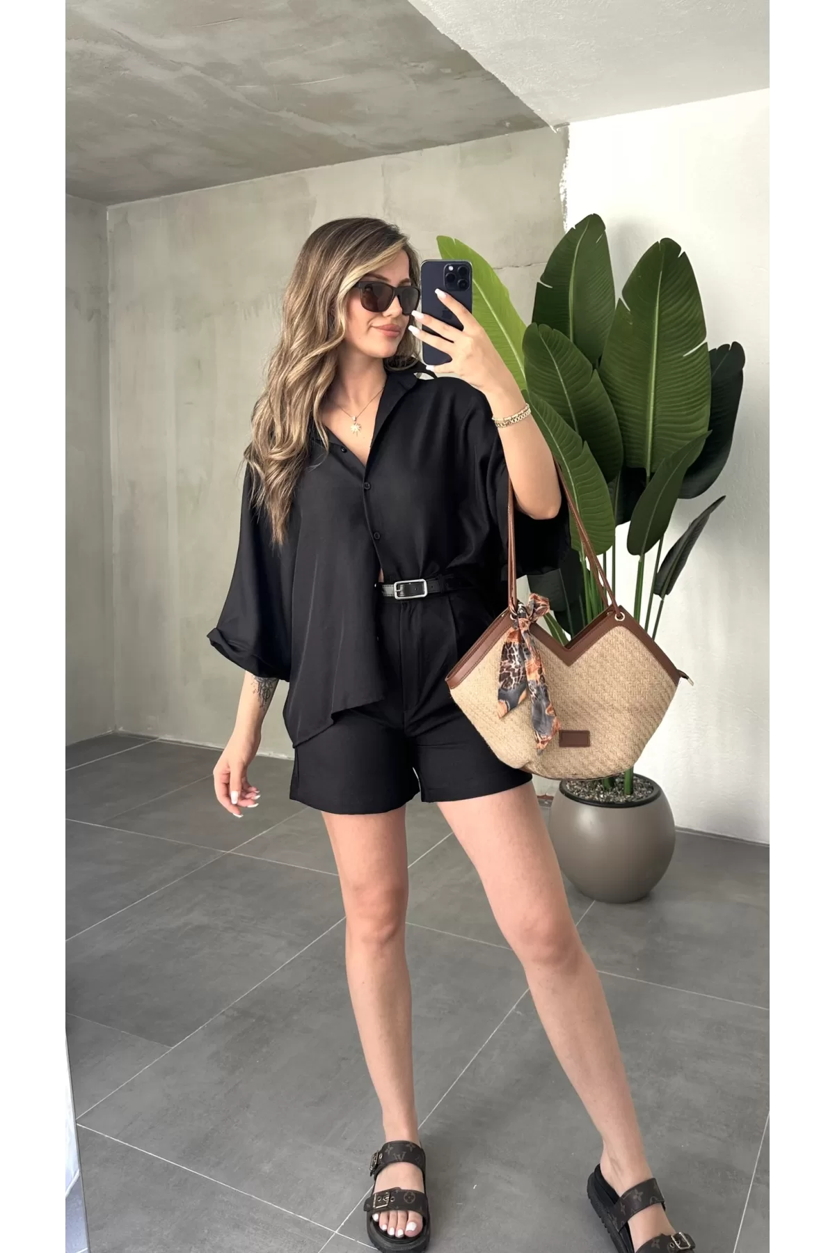 Siyah Oversize Keten Şort & Gömlek İkili Takım