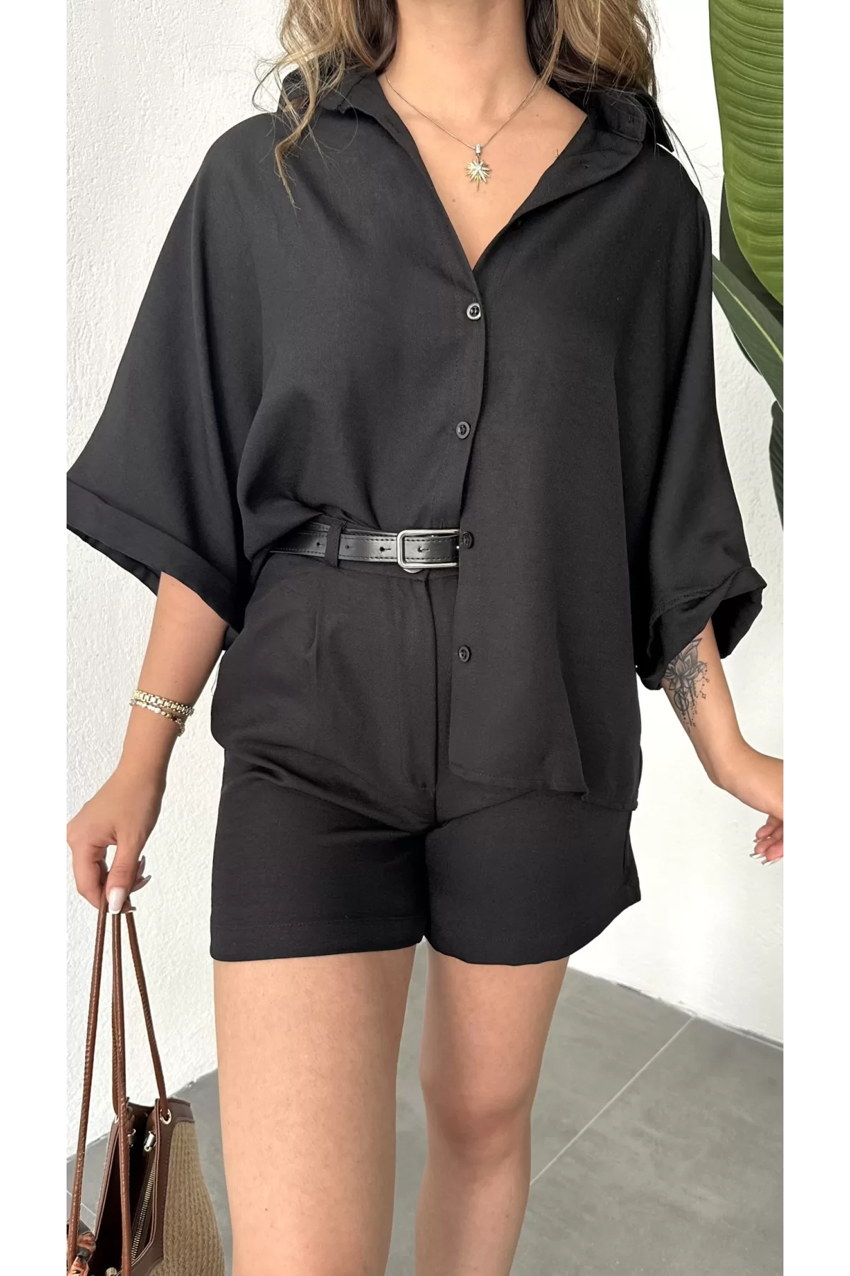 Siyah Oversize Keten Şort & Gömlek İkili Takım
