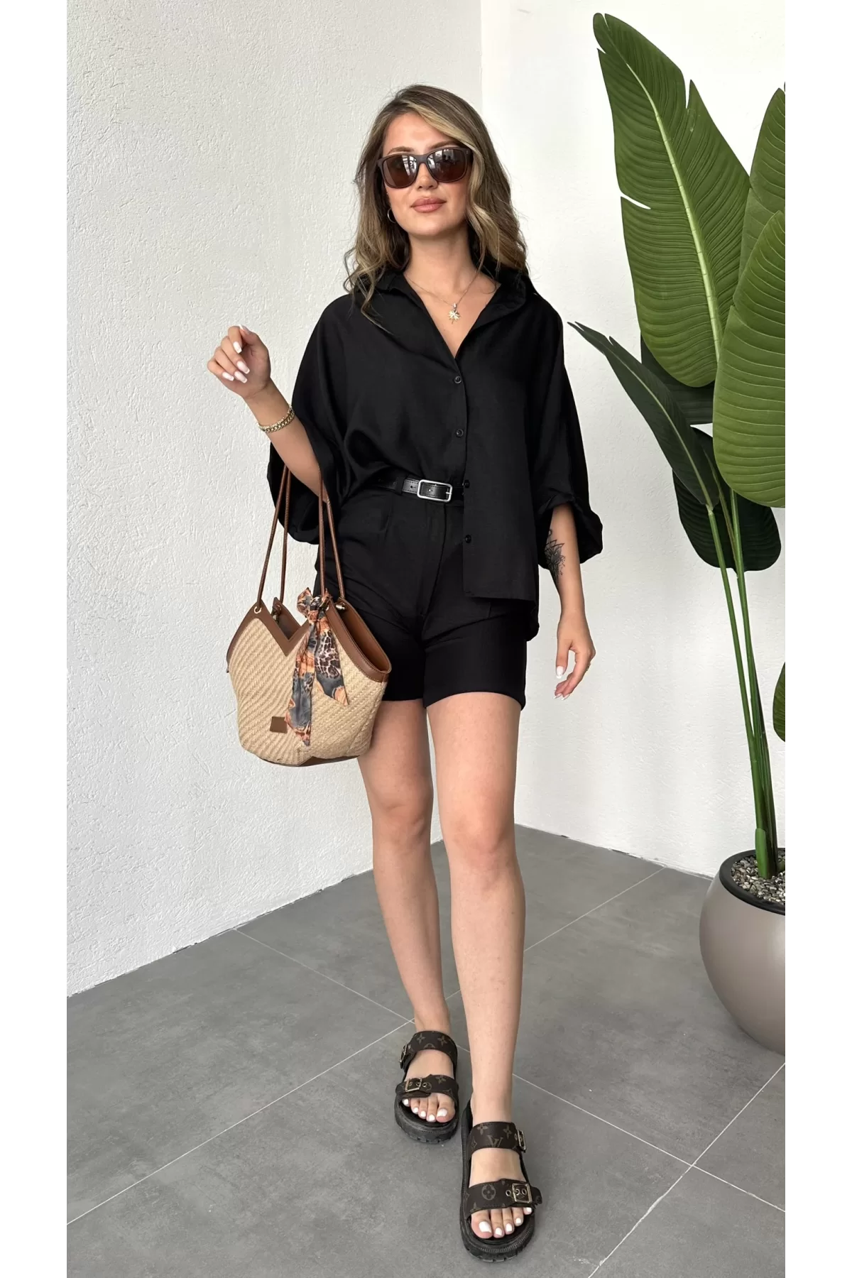 Siyah Oversize Keten Şort & Gömlek İkili Takım