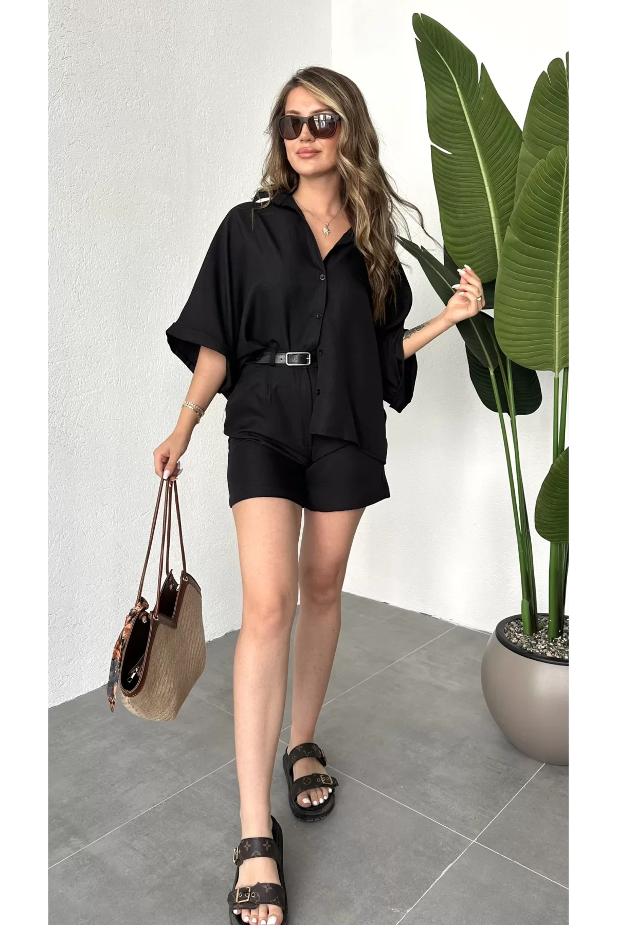 Siyah Oversize Keten Şort & Gömlek İkili Takım