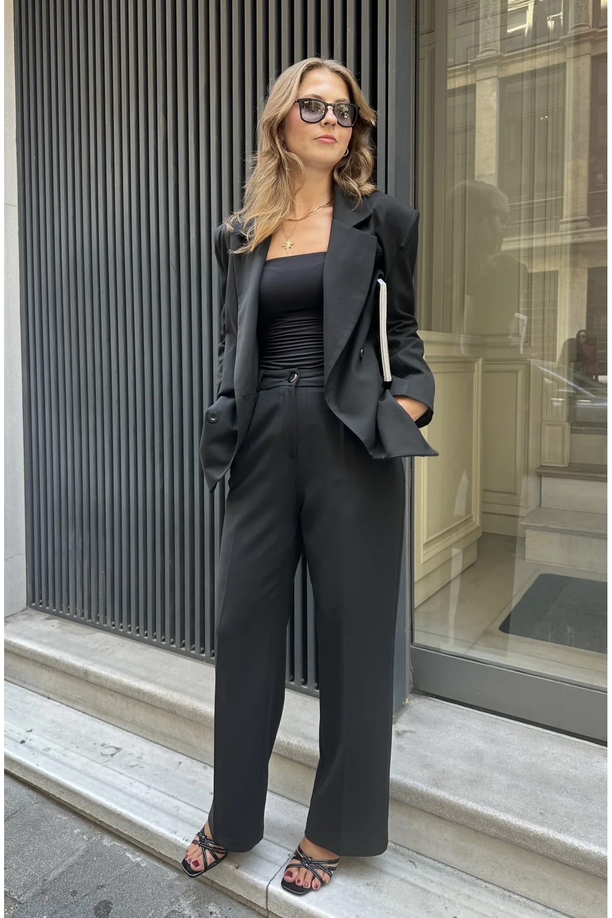 Siyah Oversize Kruvaze Ceket Tam Kalıp Palazzo Pantolon Viskon Premium İkili Takım