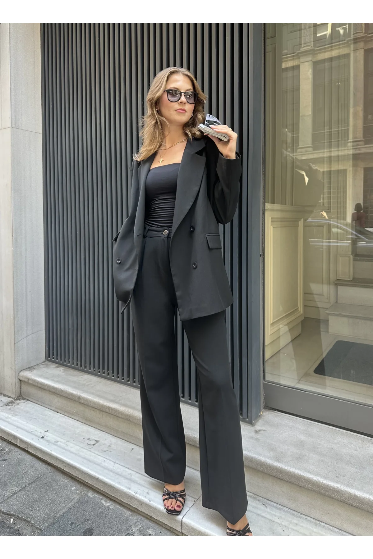 Siyah Oversize Kruvaze Ceket Tam Kalıp Palazzo Pantolon Viskon Premium İkili Takım