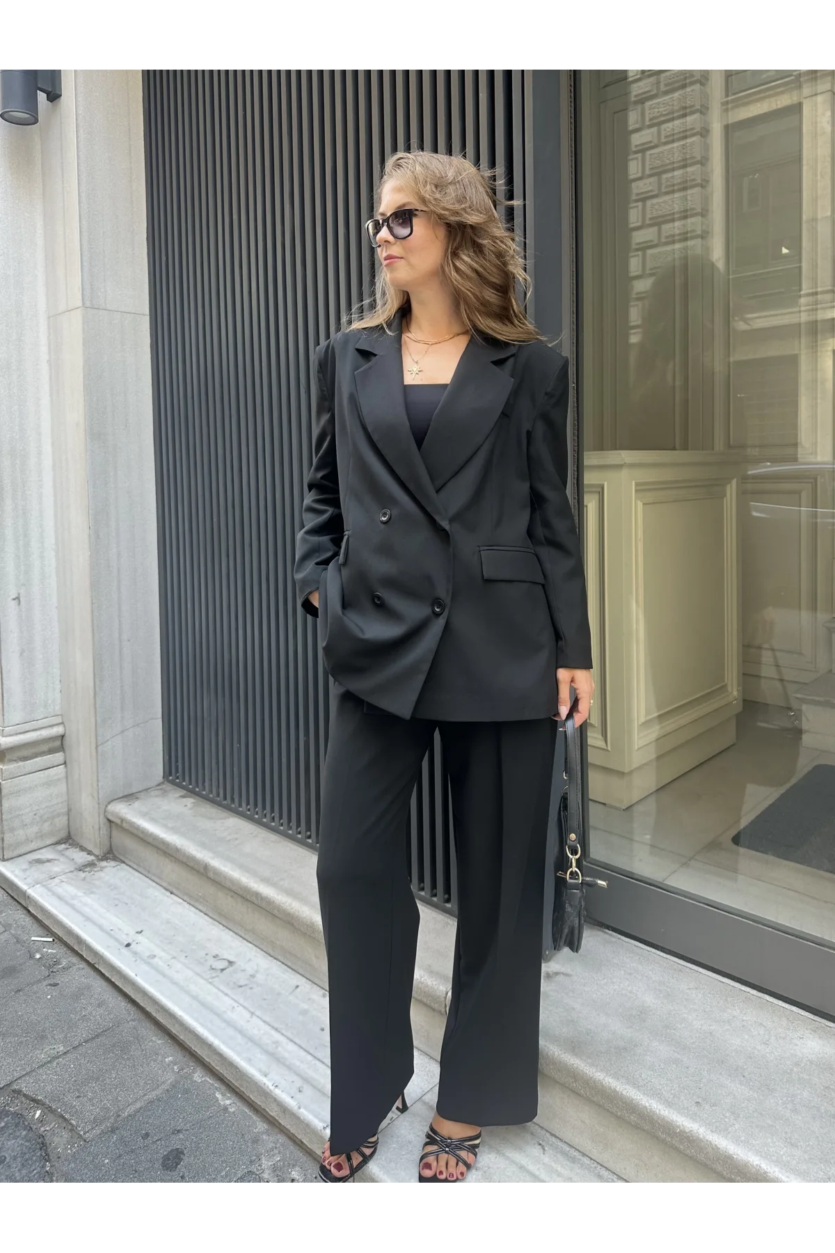 Siyah Oversize Kruvaze Ceket Tam Kalıp Palazzo Pantolon Viskon Premium İkili Takım