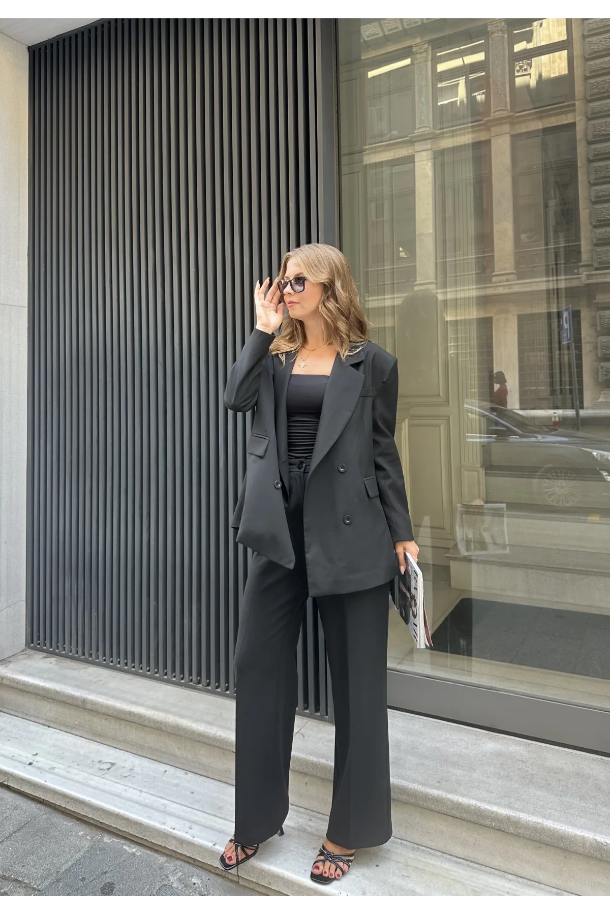 Siyah Oversize Kruvaze Ceket Tam Kalıp Palazzo Pantolon Viskon Premium İkili Takım