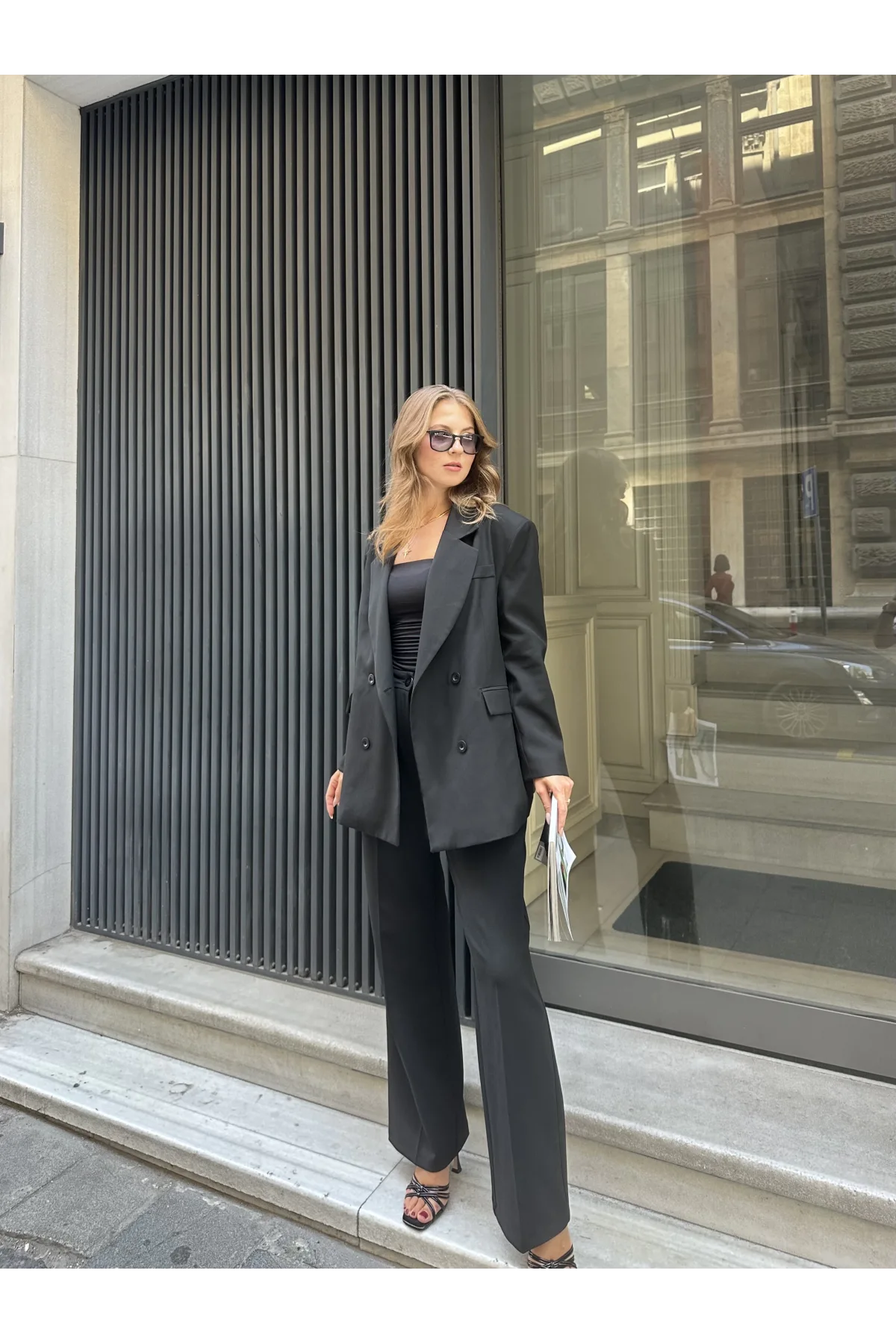 Siyah Oversize Kruvaze Ceket Tam Kalıp Palazzo Pantolon Viskon Premium İkili Takım