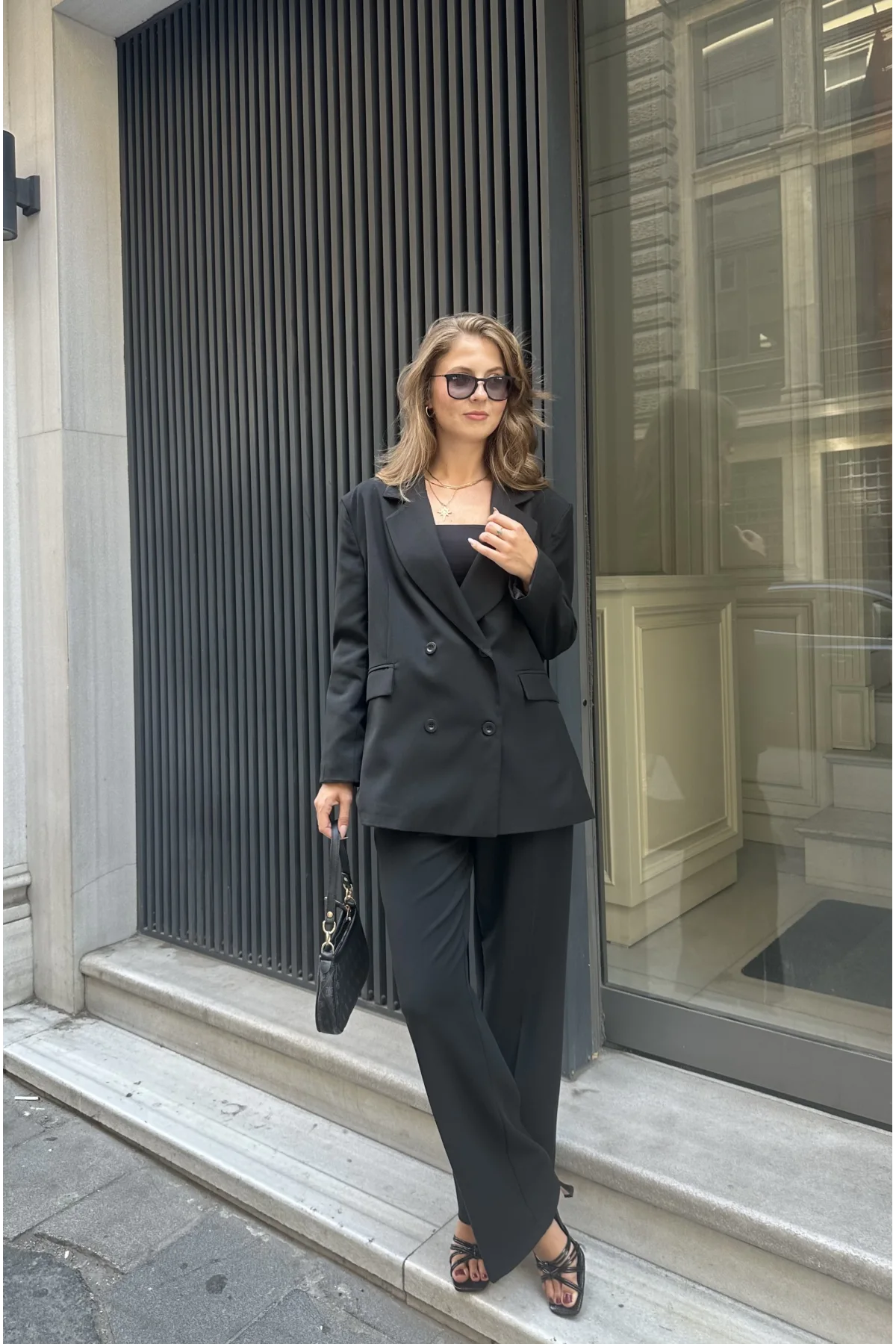 Siyah Oversize Kruvaze Ceket Tam Kalıp Palazzo Pantolon Viskon Premium İkili Takım