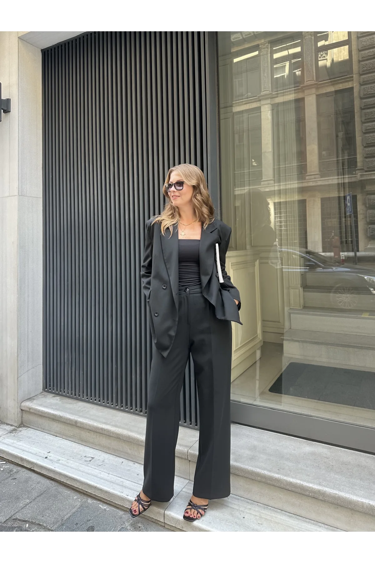 Siyah Oversize Kruvaze Ceket Tam Kalıp Palazzo Pantolon Viskon Premium İkili Takım