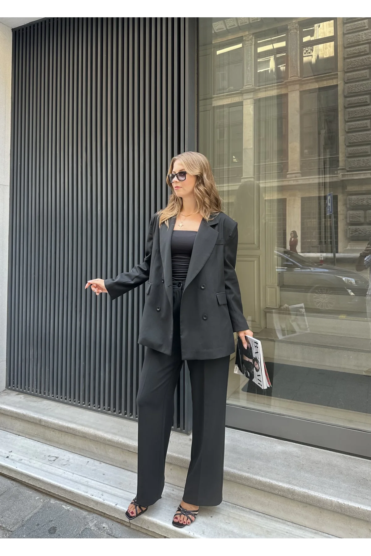 Siyah Oversize Kruvaze Ceket Tam Kalıp Palazzo Pantolon Viskon Premium İkili Takım