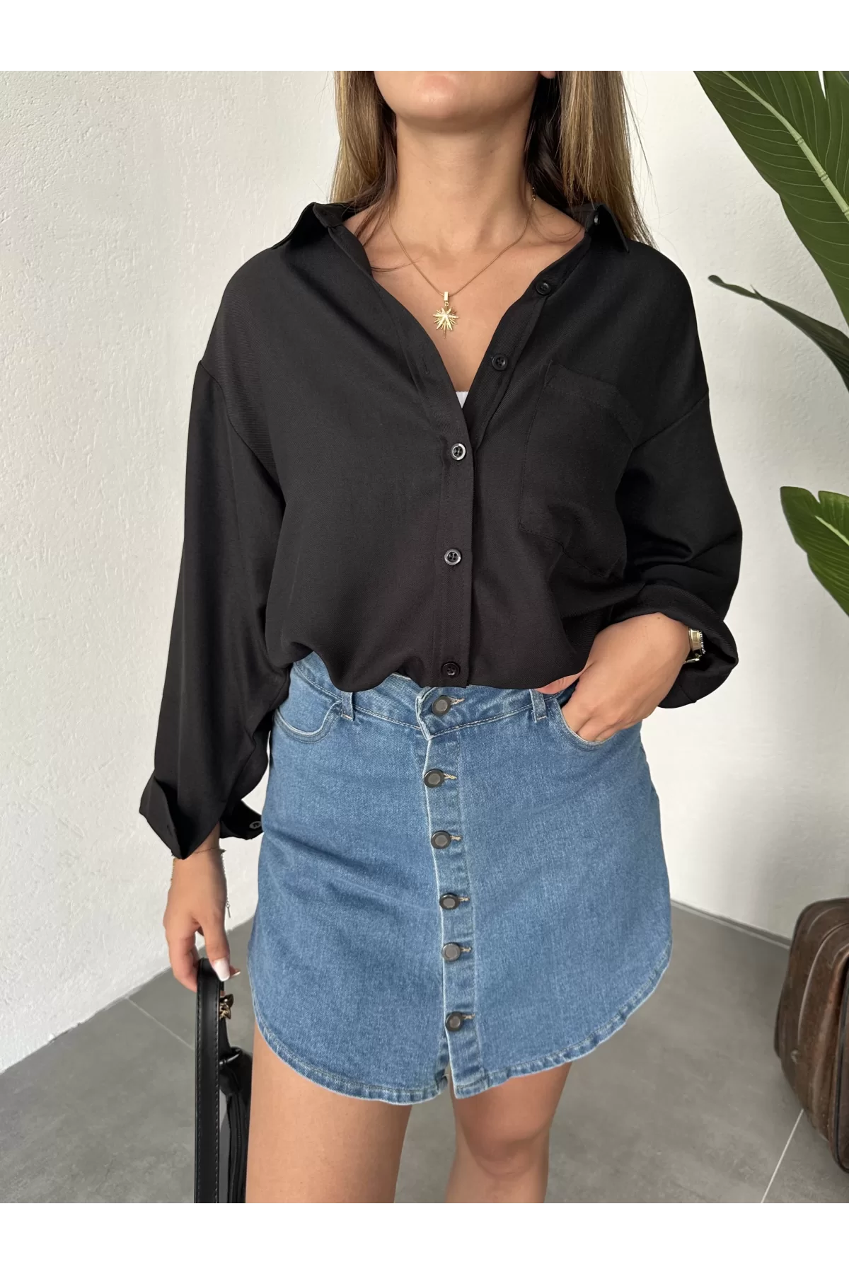 Siyah Oversize Salaş Basic Keten Gömlek