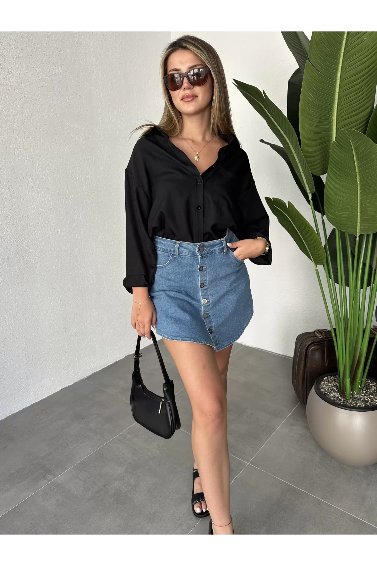 Siyah Oversize Salaş Basic Keten Gömlek