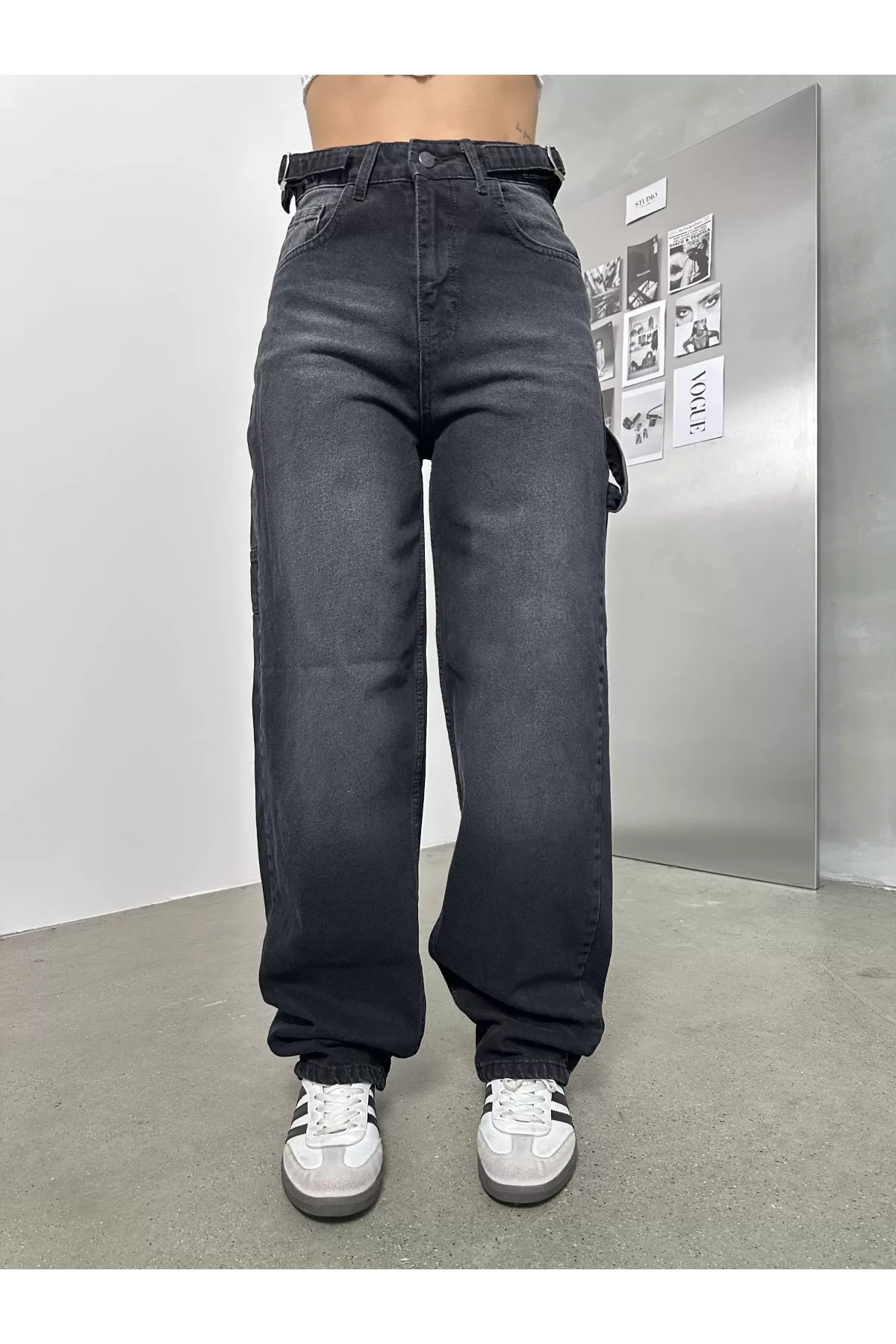 Siyah Palaska Tokalı Yıkamalı Baggy Geniş Paça Yüksek Bel Oturtmalı Jean Kot Pantolon