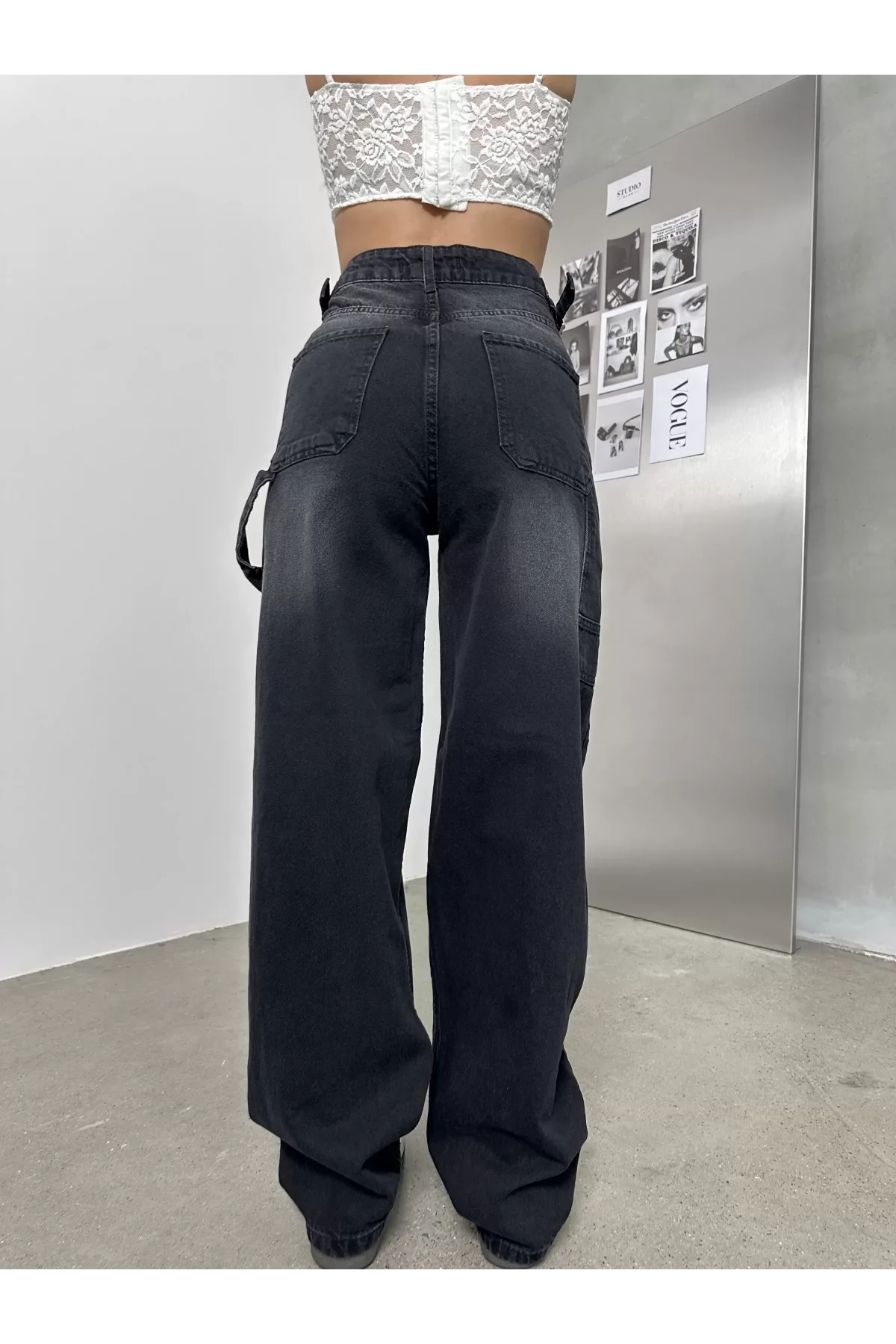 Siyah Palaska Tokalı Yıkamalı Baggy Geniş Paça Yüksek Bel Oturtmalı Jean Kot Pantolon