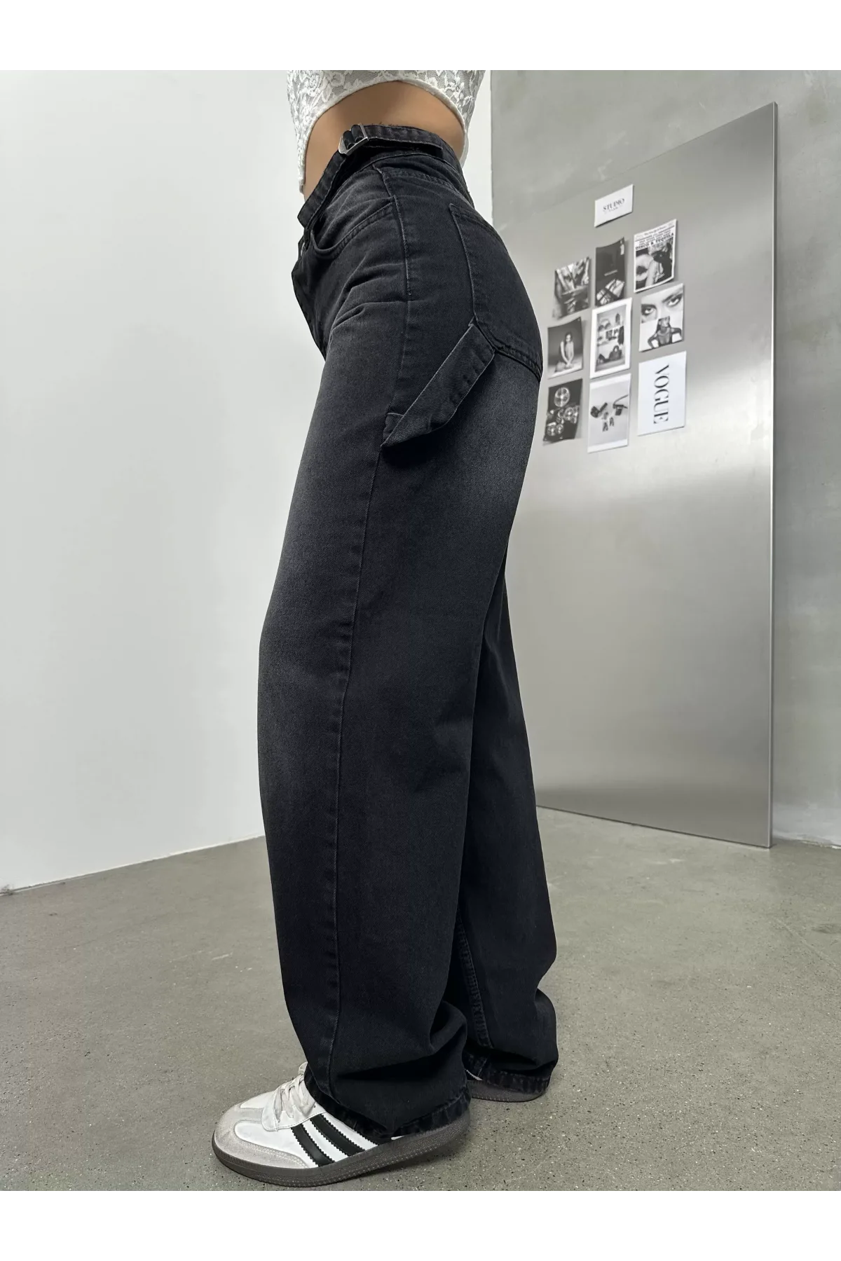 Siyah Palaska Tokalı Yıkamalı Baggy Geniş Paça Yüksek Bel Oturtmalı Jean Kot Pantolon