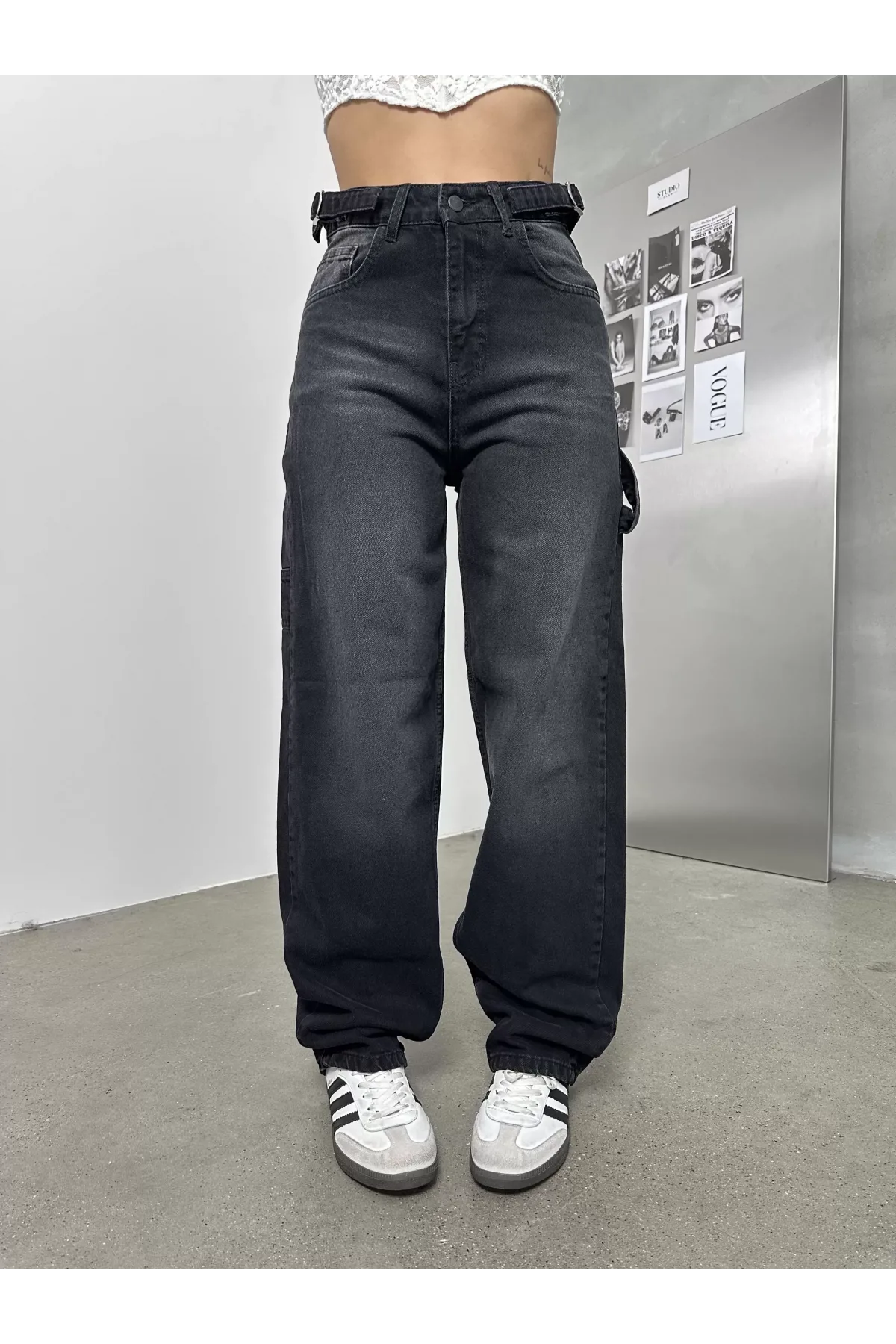 Siyah Palaska Tokalı Yıkamalı Baggy Geniş Paça Yüksek Bel Oturtmalı Jean Kot Pantolon