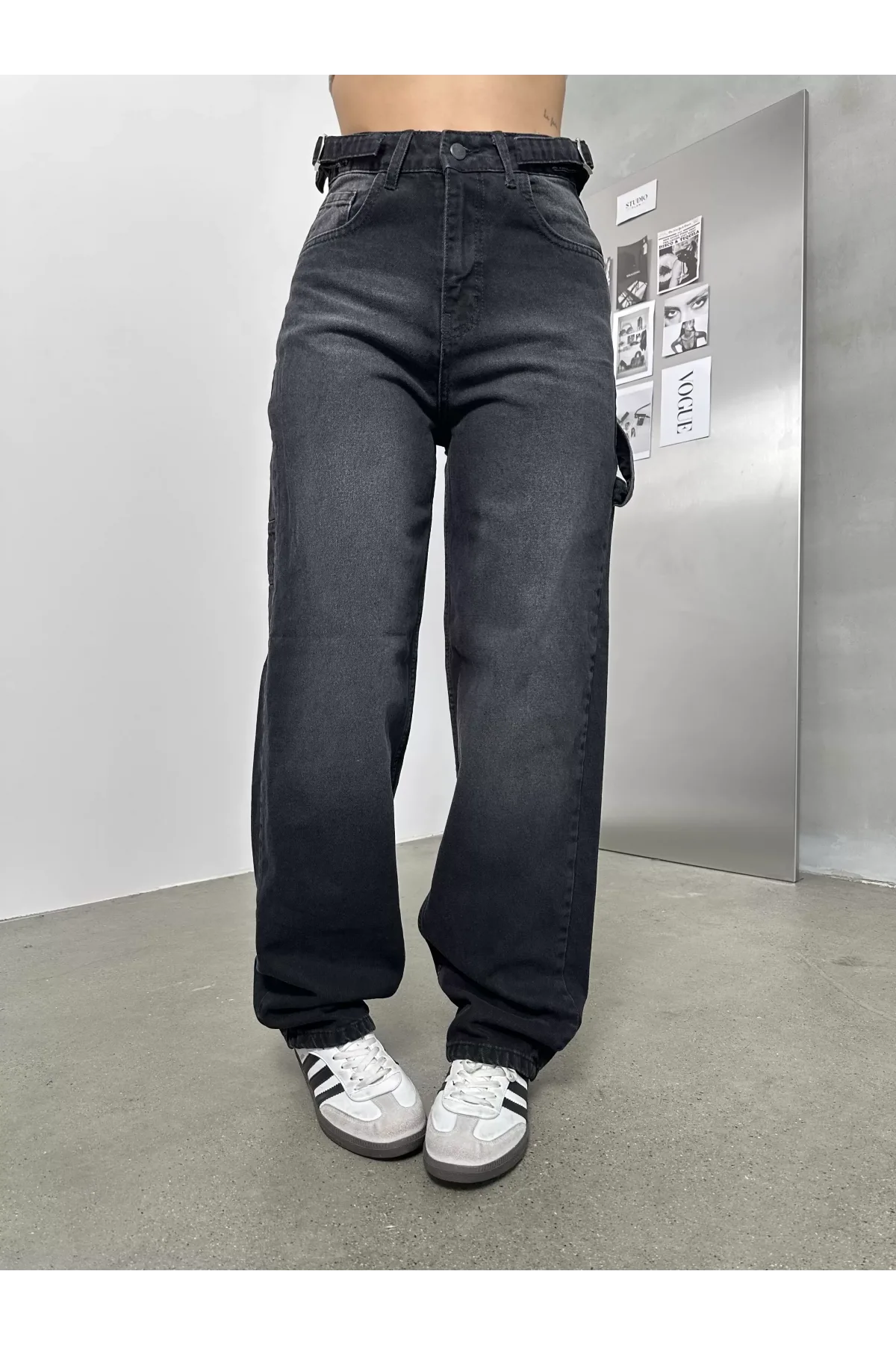 Siyah Palaska Tokalı Yıkamalı Baggy Geniş Paça Yüksek Bel Oturtmalı Jean Kot Pantolon