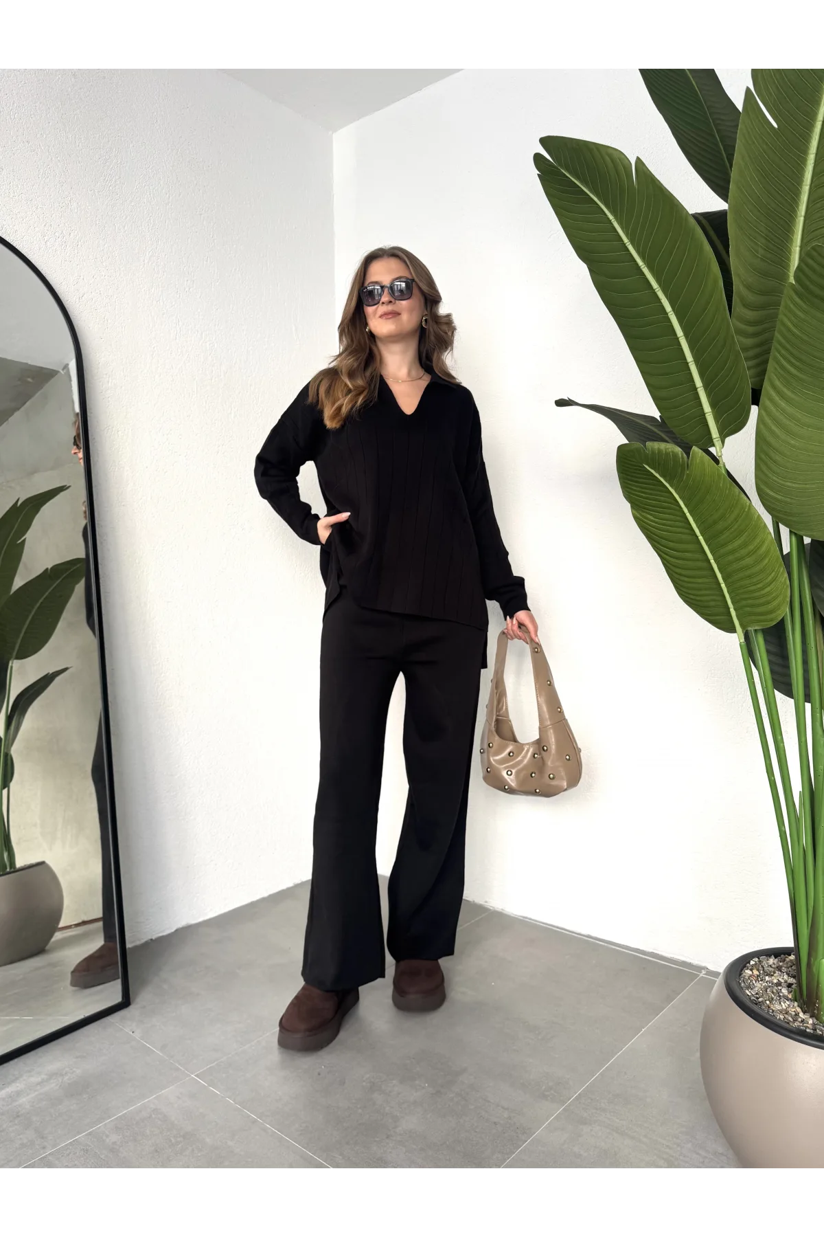 Siyah Polo Yakalı Kazak İspanyol Paça Triko Pantolon İkili Takım